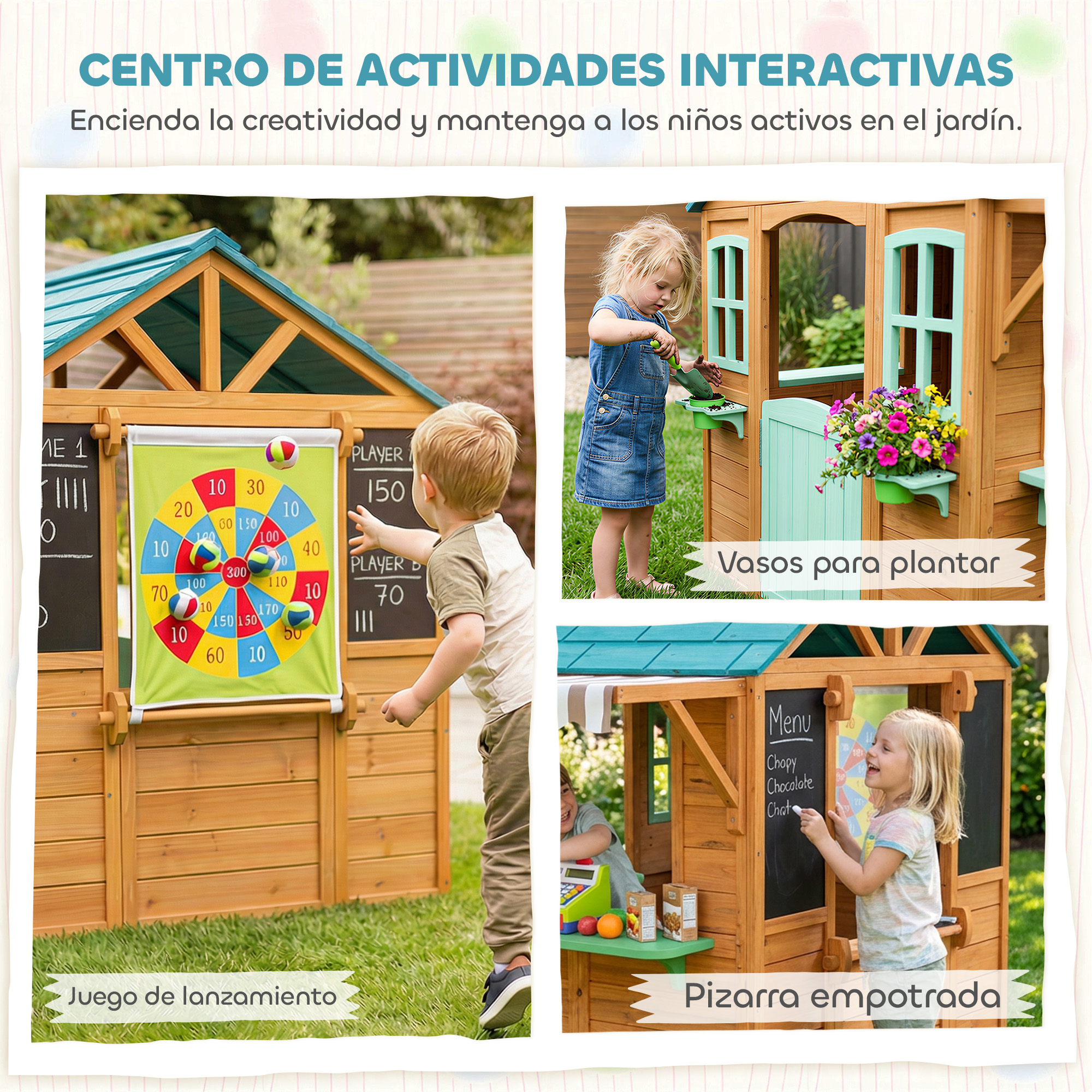 Casa de juegos de madera con estaciones de juego: lanzamiento de pelota, macetas.