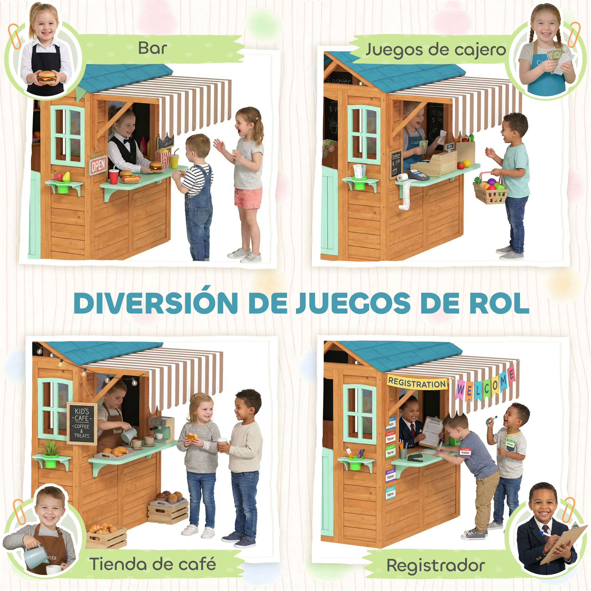 Cuatro casas de juegos: bar, caja, cafetería y registro con niños jugando.