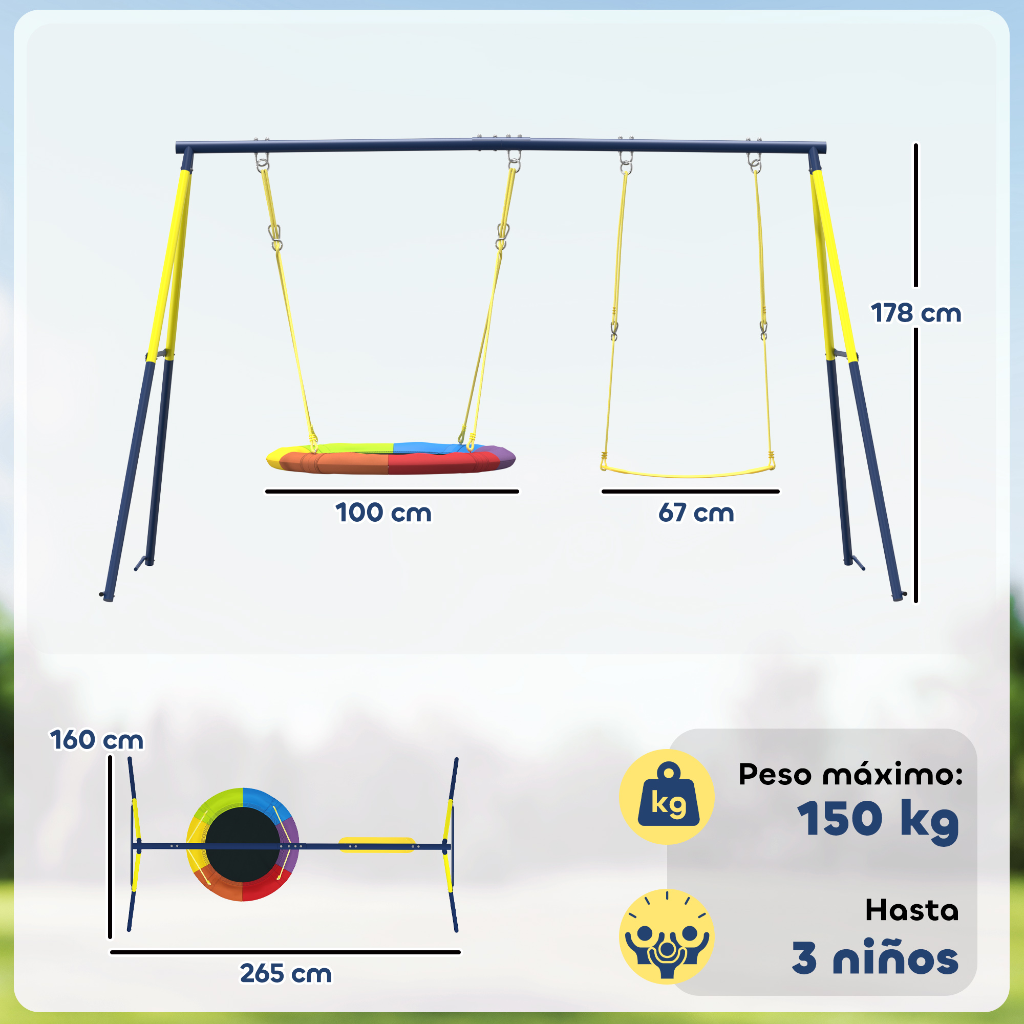 Un columpio con 2 asientos, máx 150 kg, para 3 niños.