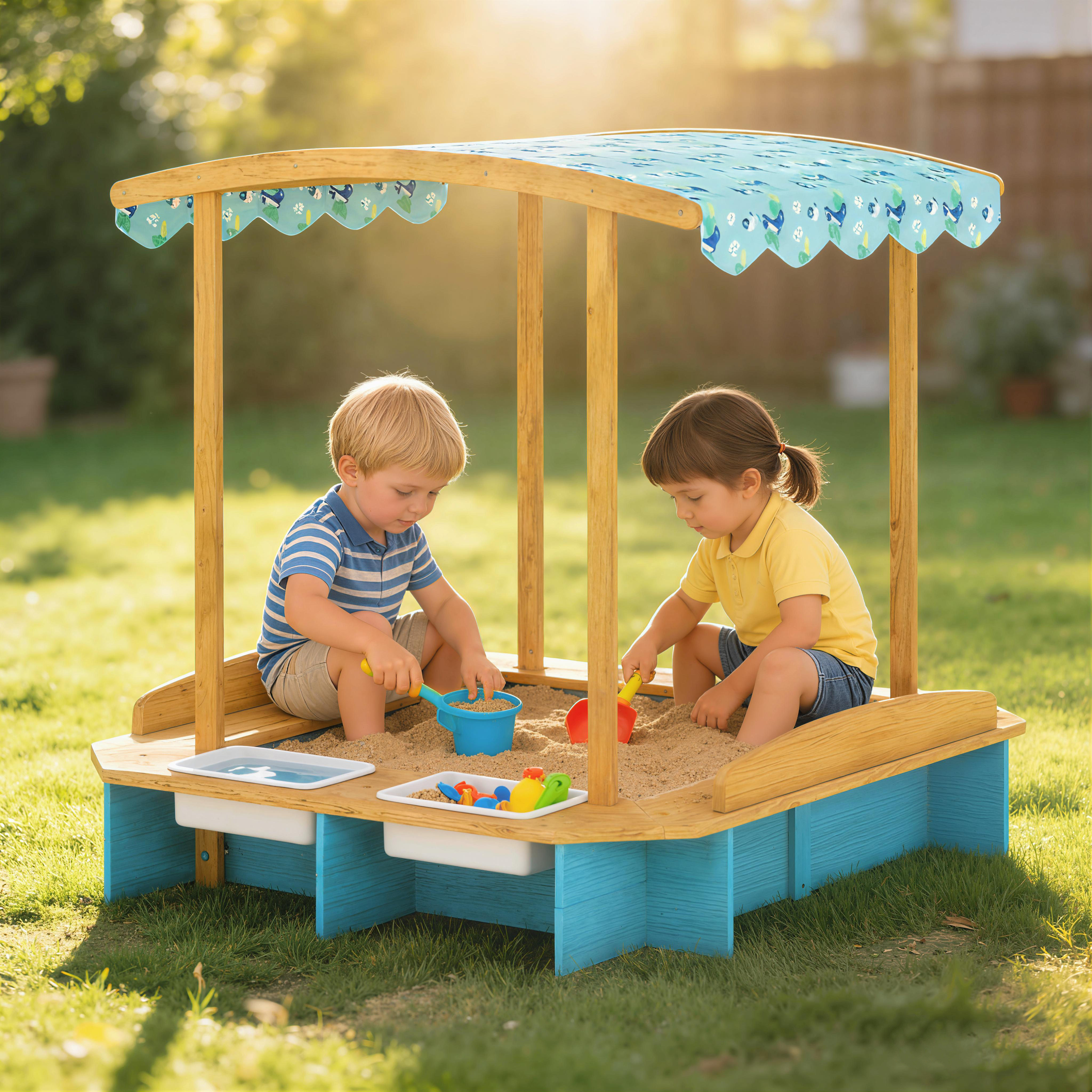 Dos niños juegan en un arenero con juguetes. El sol brilla.