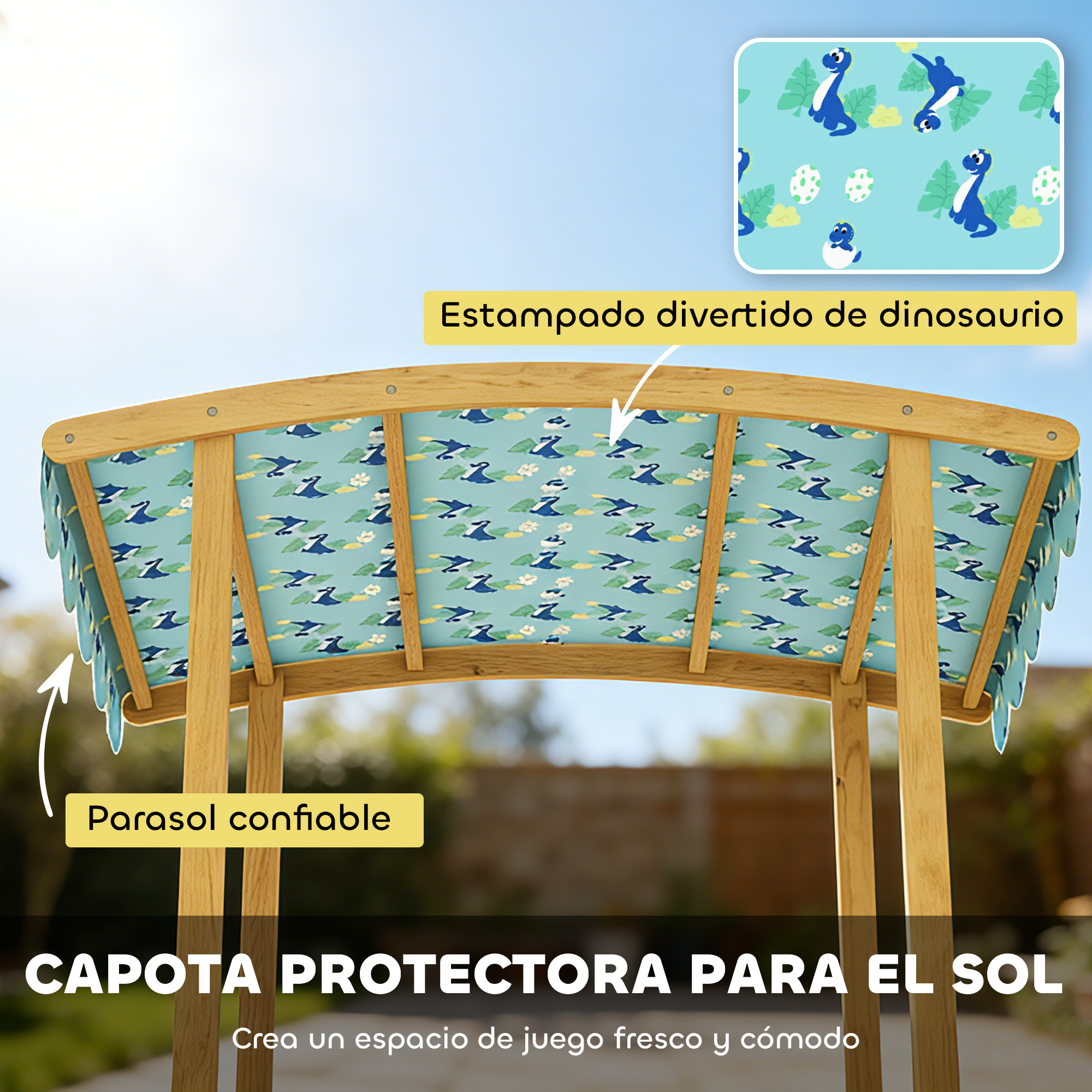 Dosel de madera con estampado de dinosaurios azules, para protección solar.