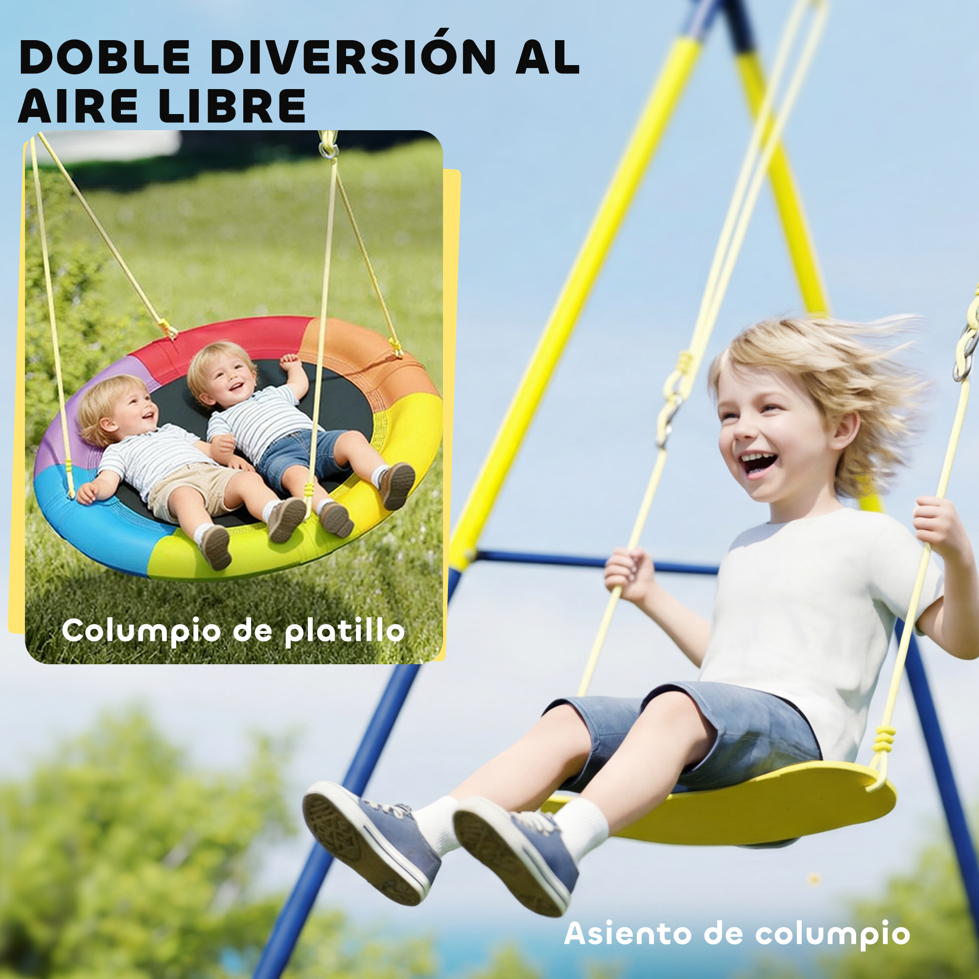 Dos niños en un columpio de disco colorido y un niño en un columpio amarillo.