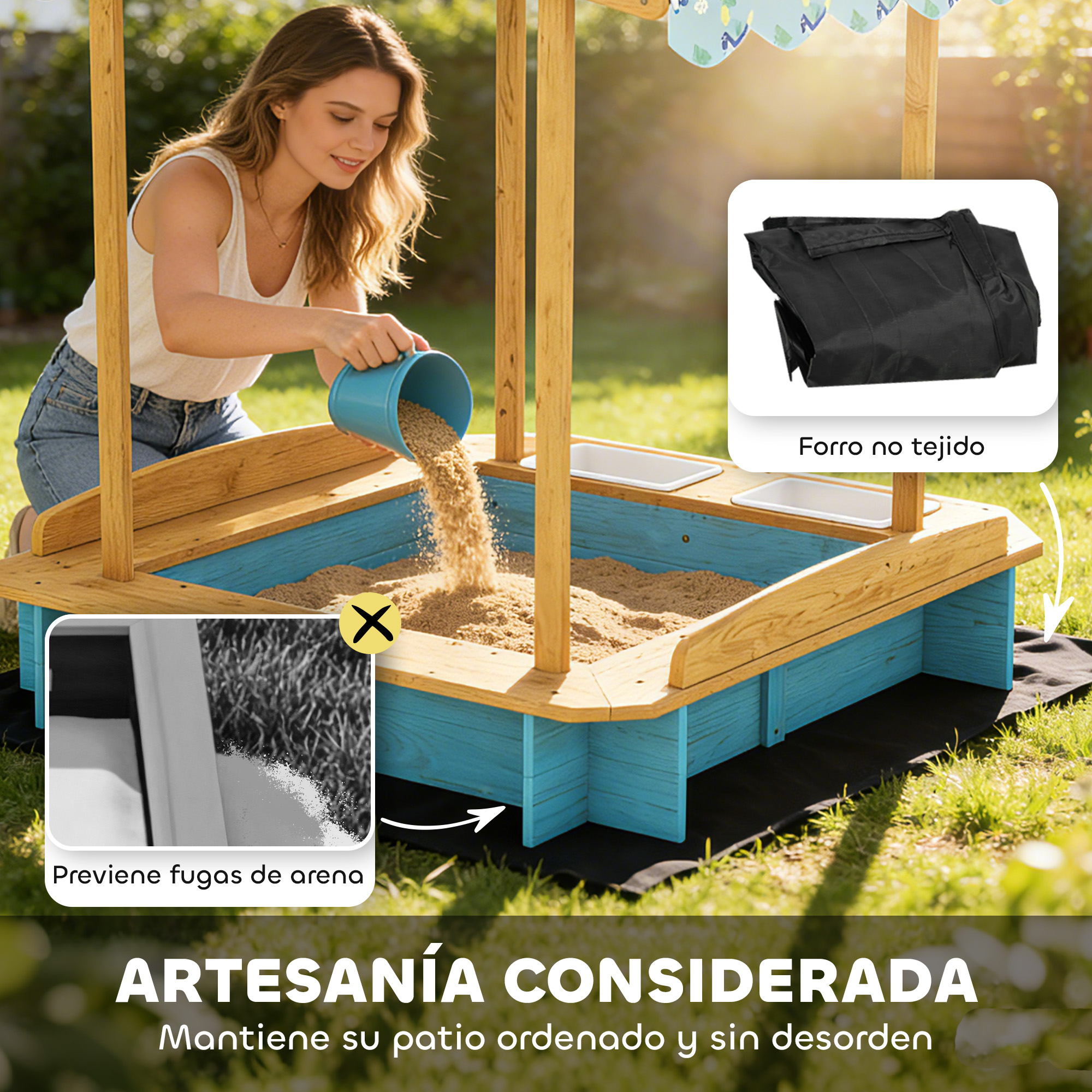 Mujer vertiendo arena en arenero azul exterior. Primeros planos muestran forro.
