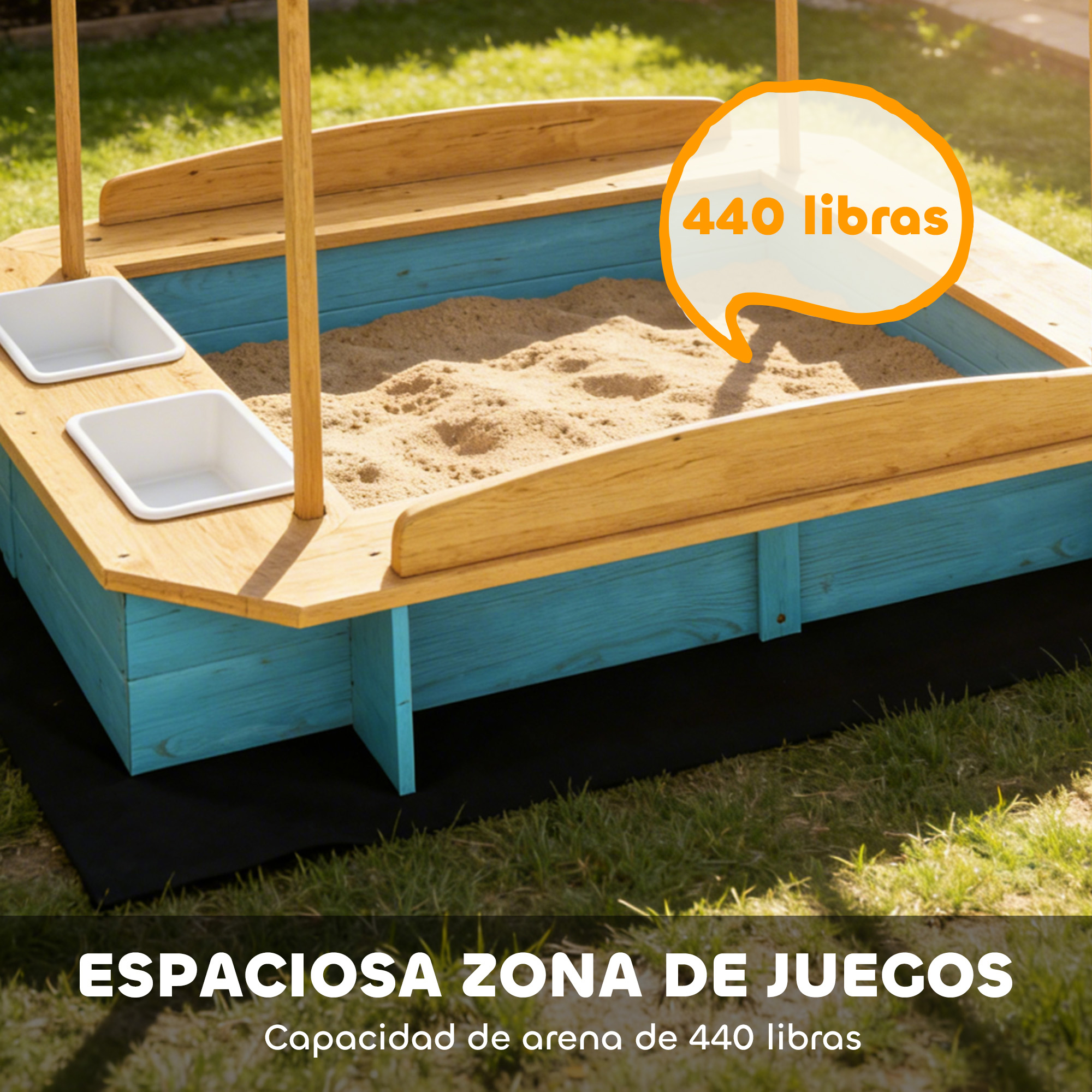 Amplio arenero con borde de madera y lados azules. Capacidad de 440 libras.