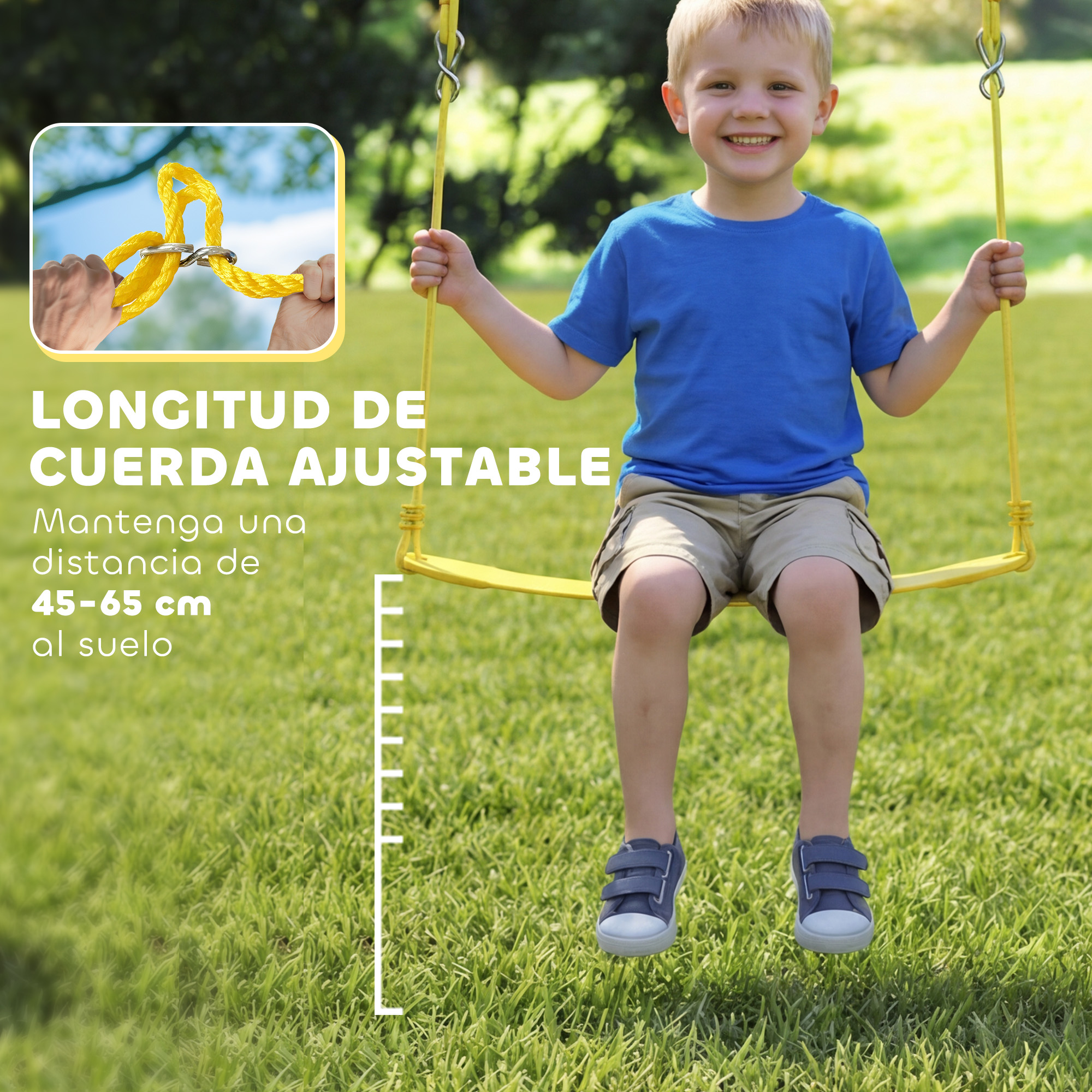 Un niño se sienta en un columpio; una escala de medición está a su lado.