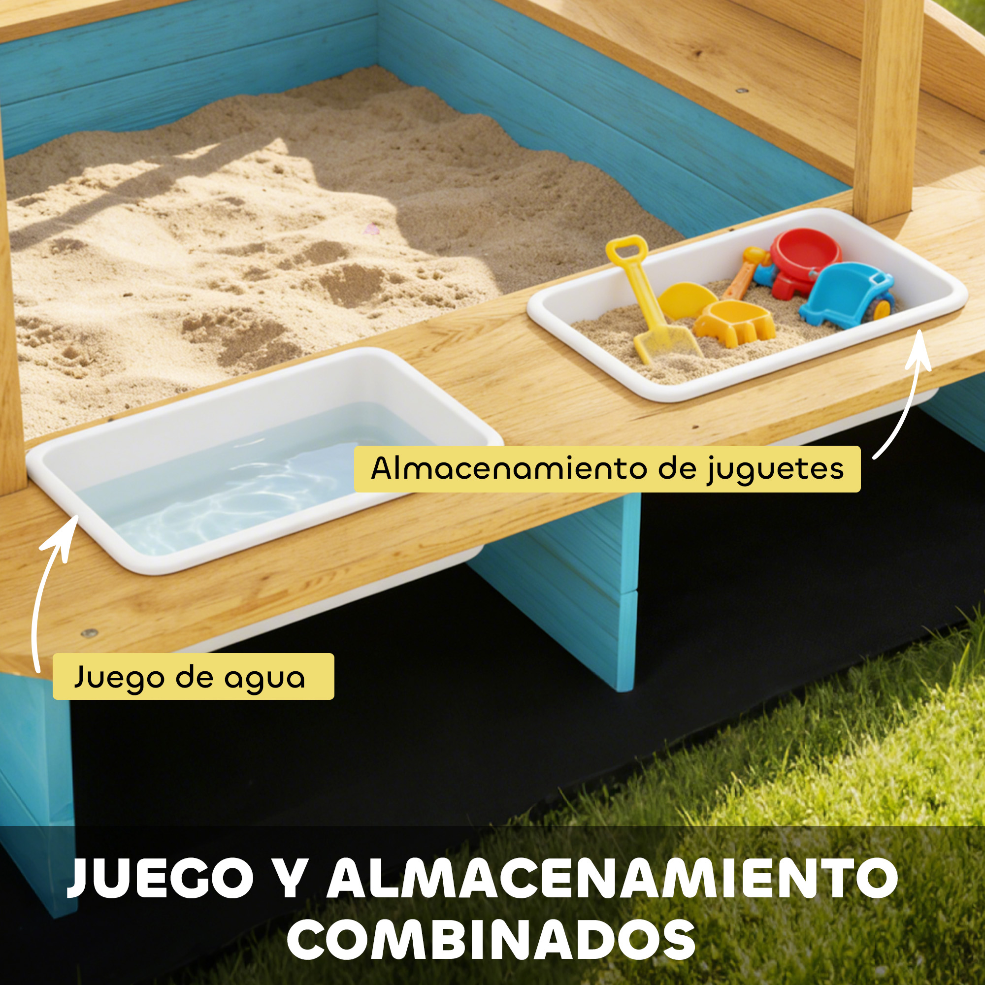 Arenero con bandeja de agua y almacenamiento de juguetes.