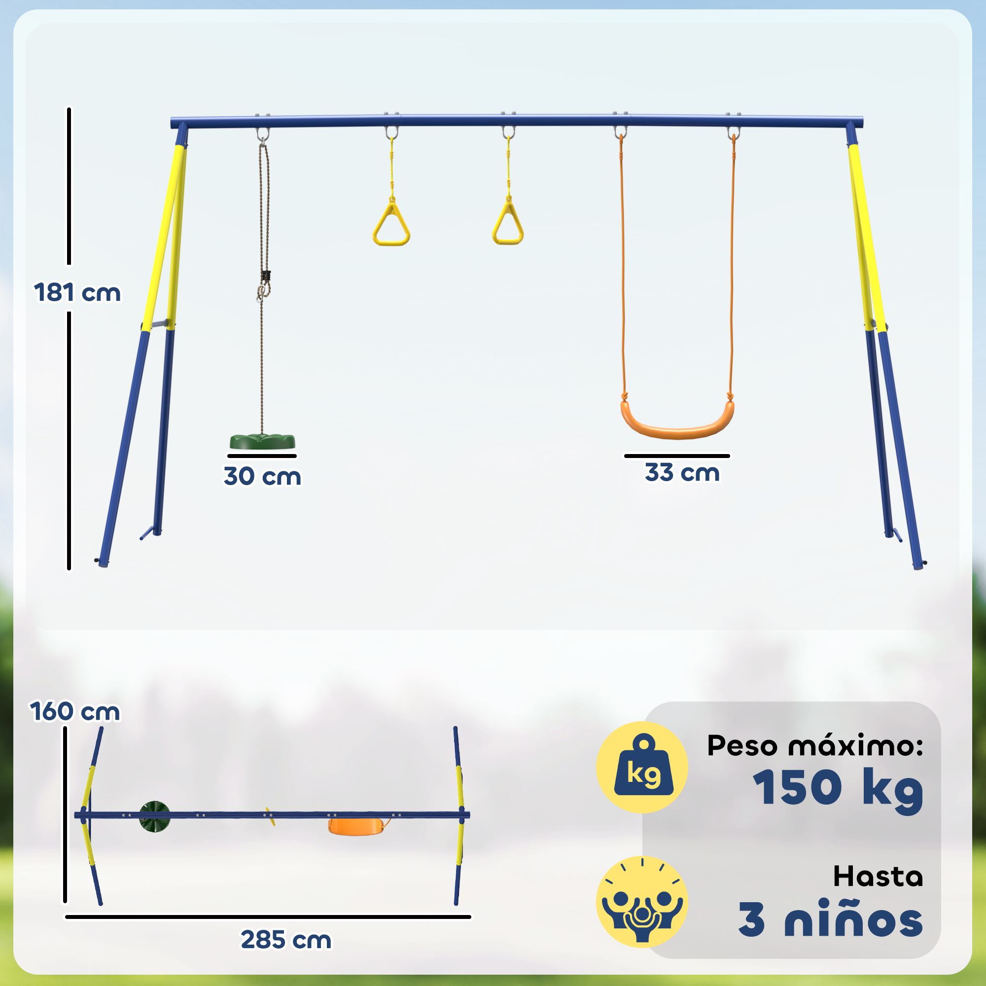 Un columpio azul y amarillo con columpio de asiento, dos aros y un disco.