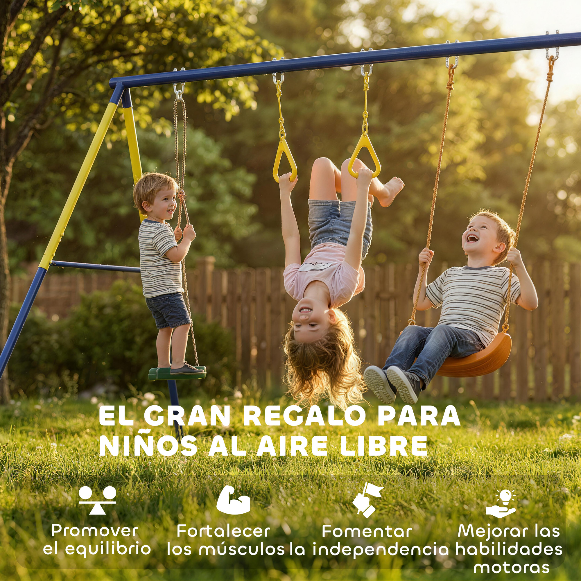 Niños juegan en un columpio con aros bajo el sol.