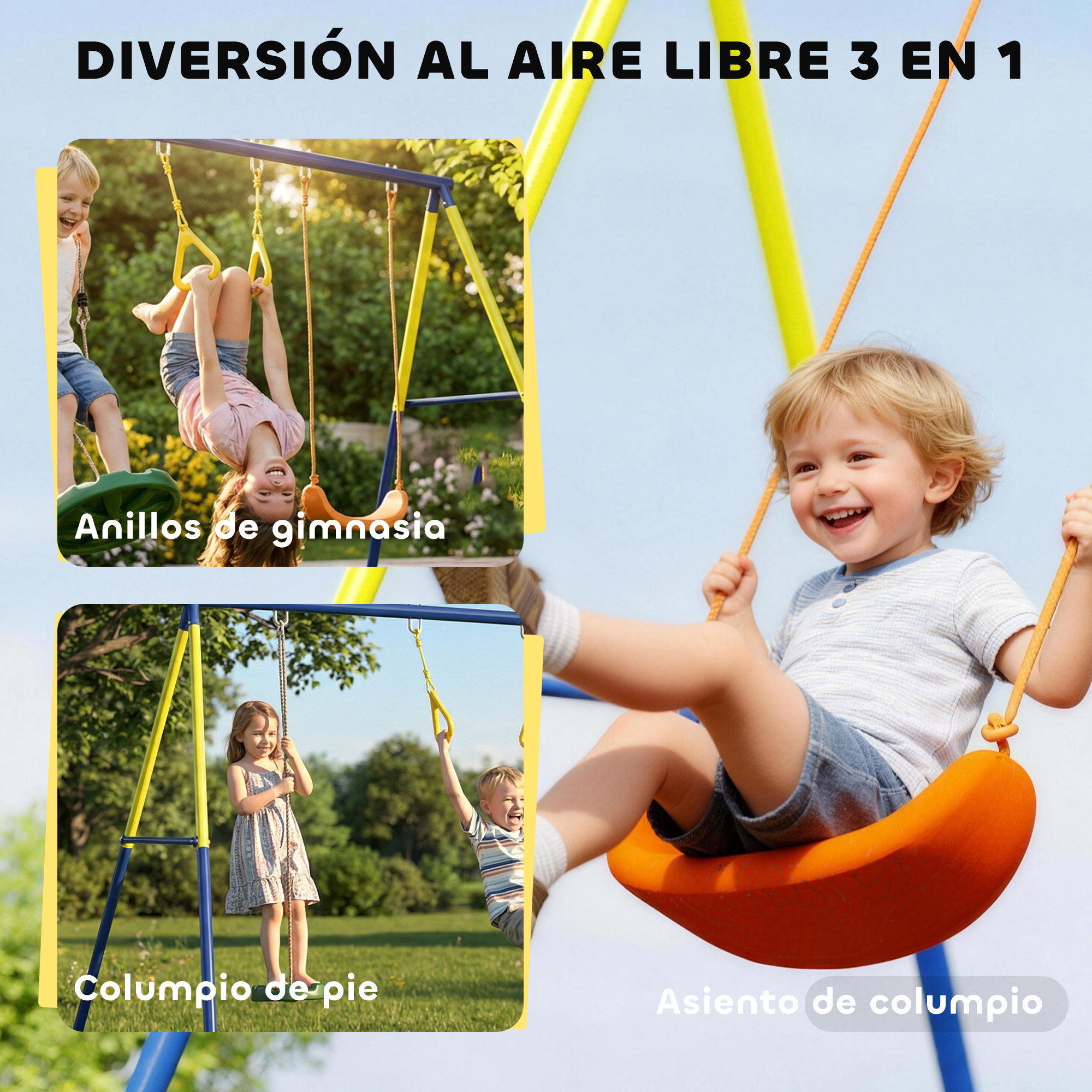 Niños juegan en un columpio con anillos y asiento al aire libre.