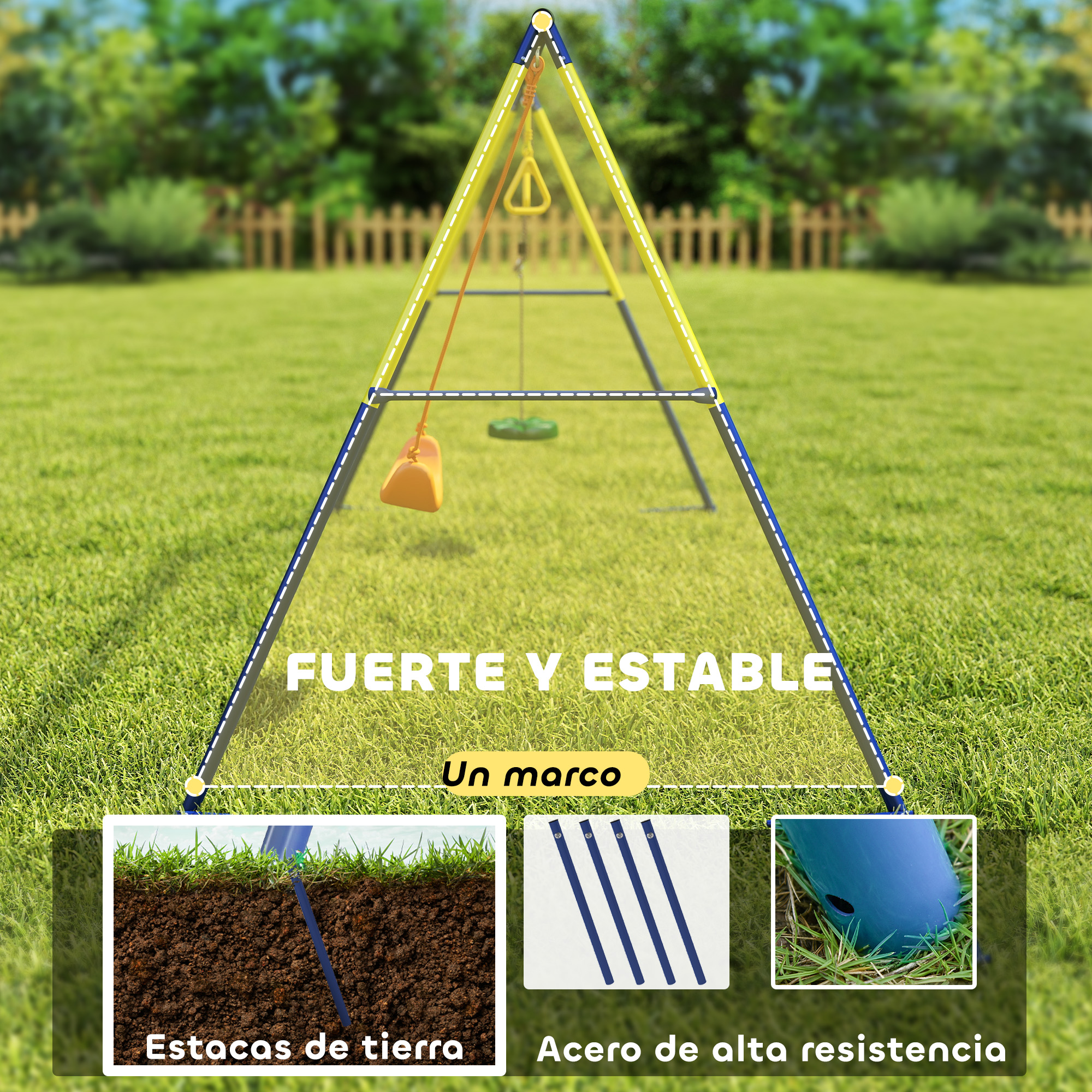 Un columpio de marco en A amarillo y azul con balancín amarillo y asiento verde sobre césped.