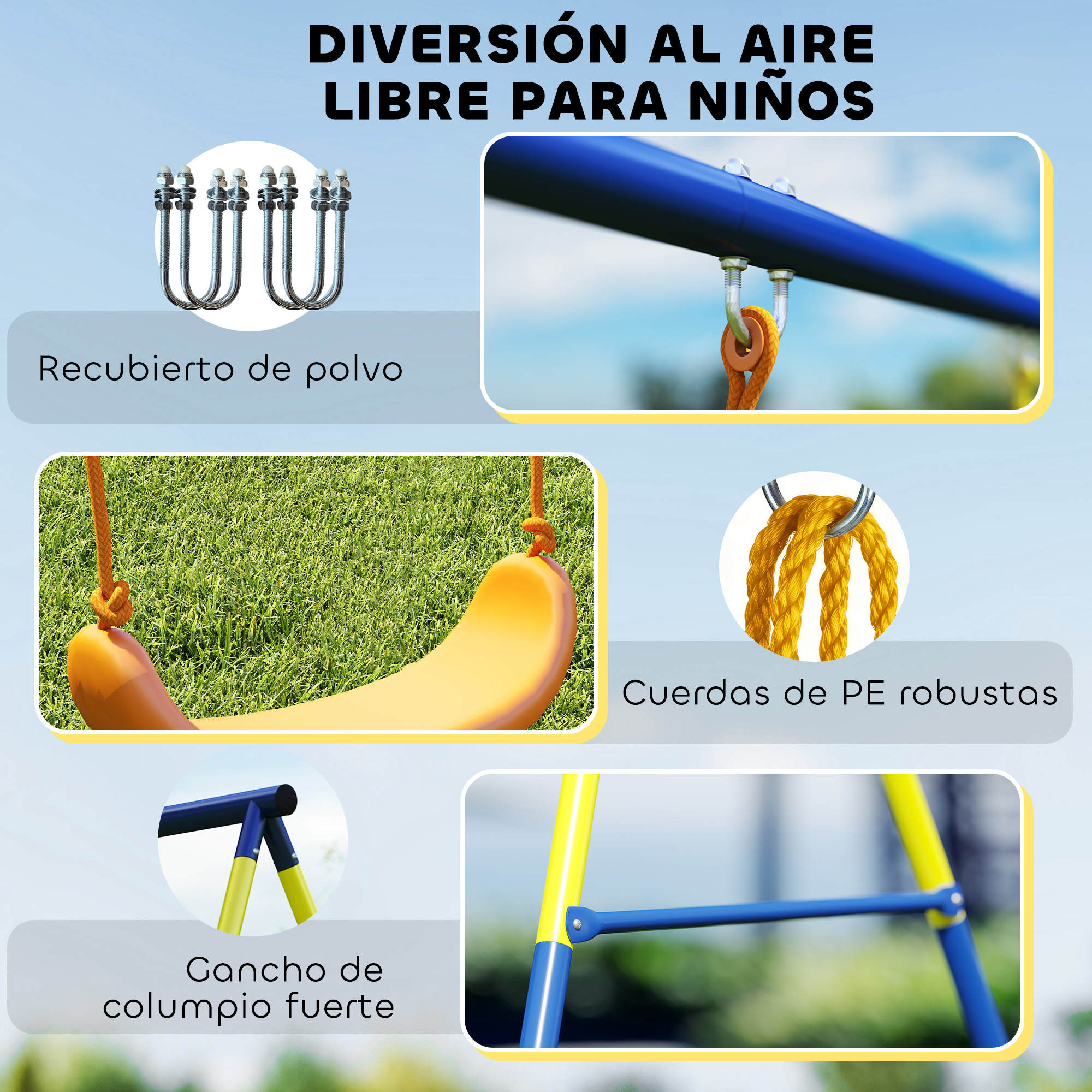 Imágenes de partes de columpio: pernos en U, cuerda, asiento y marco.