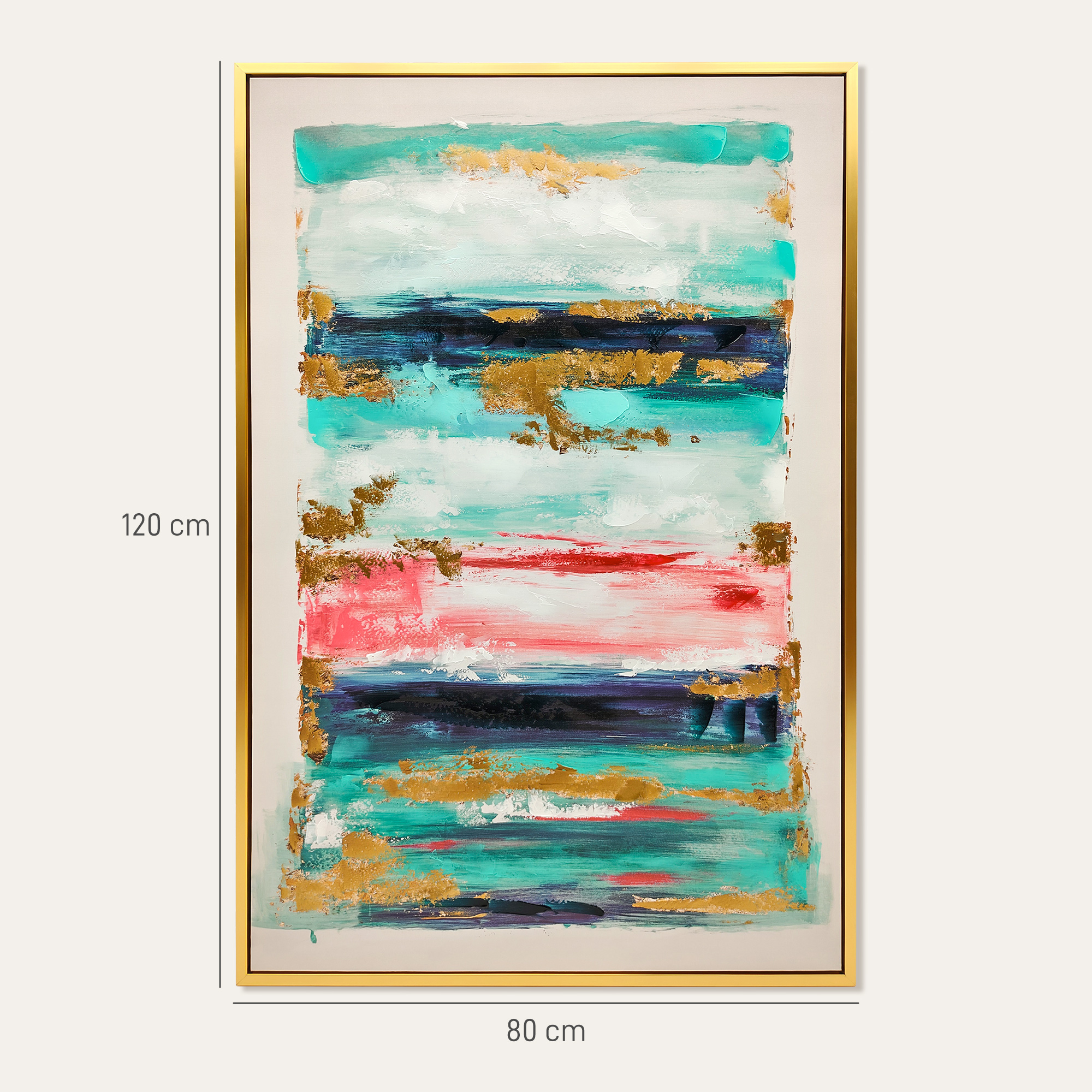 Pintura abstracta con rayas turquesas, rojas y azules, acentuada con pan de oro.