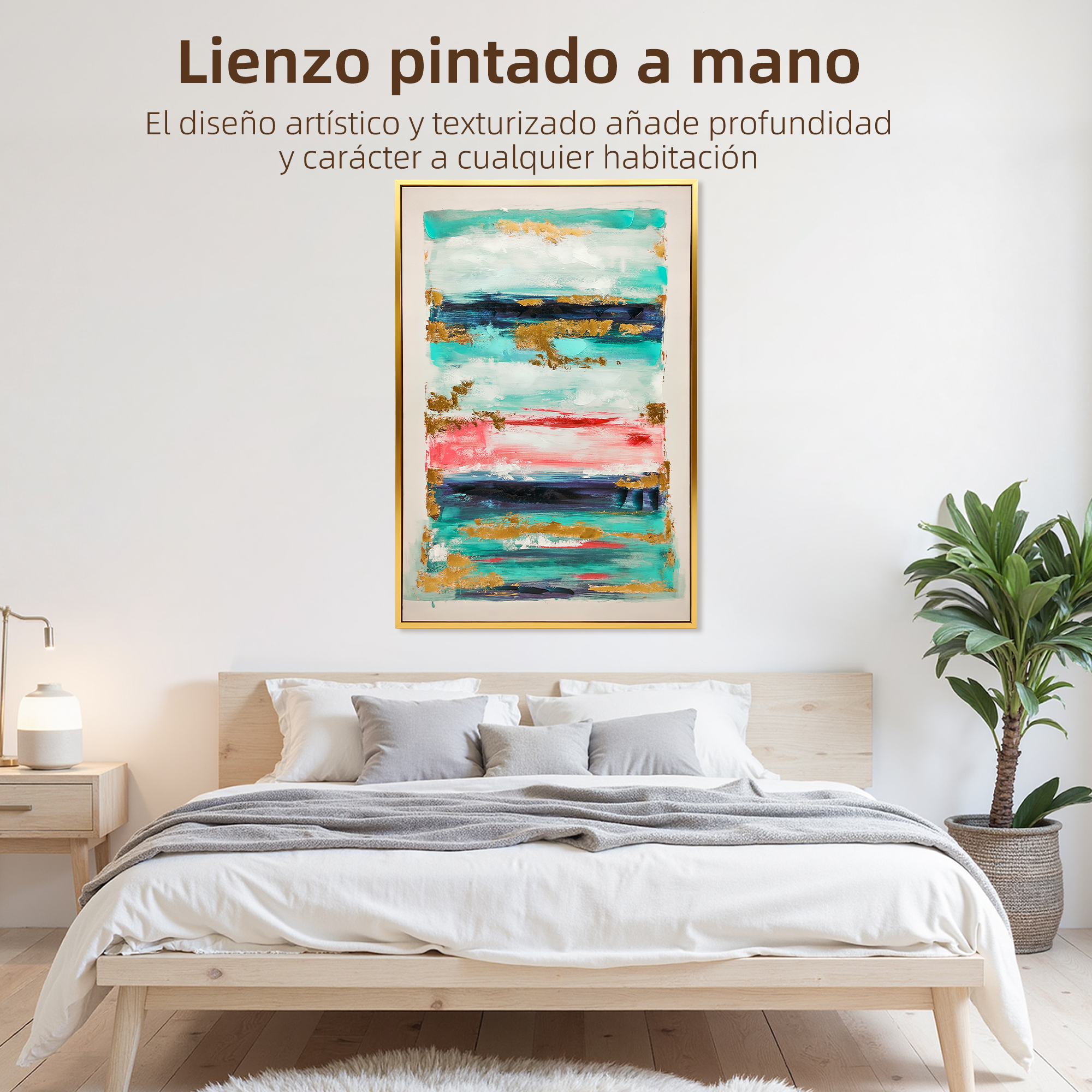 Pintura abstracta con tonos azules, verdes y dorados sobre una cama.