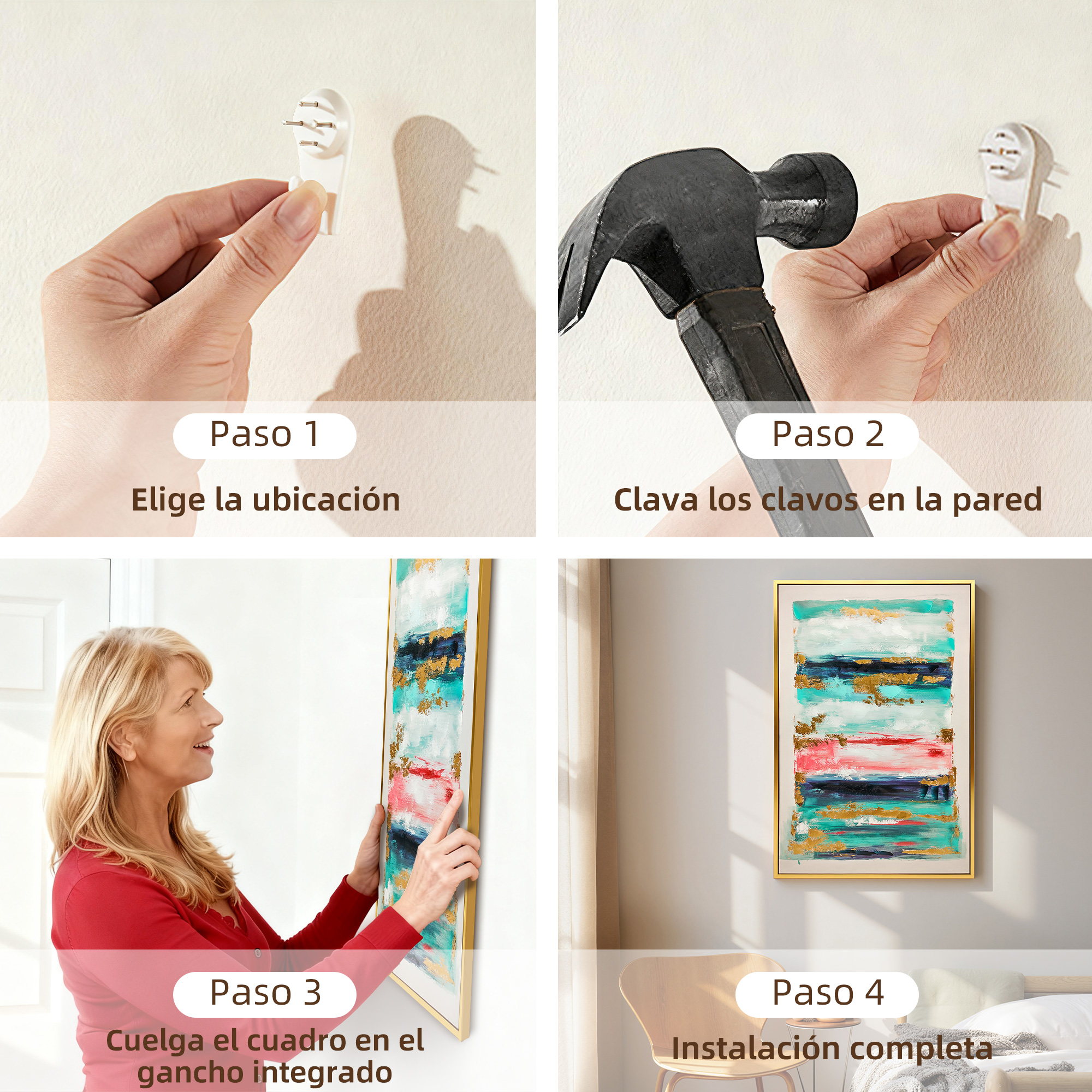 Paso 1: Elige ubicación. Paso 2: Clava clavos. Paso 3: Cuelga cuadro. Paso 4: Instalación completa.