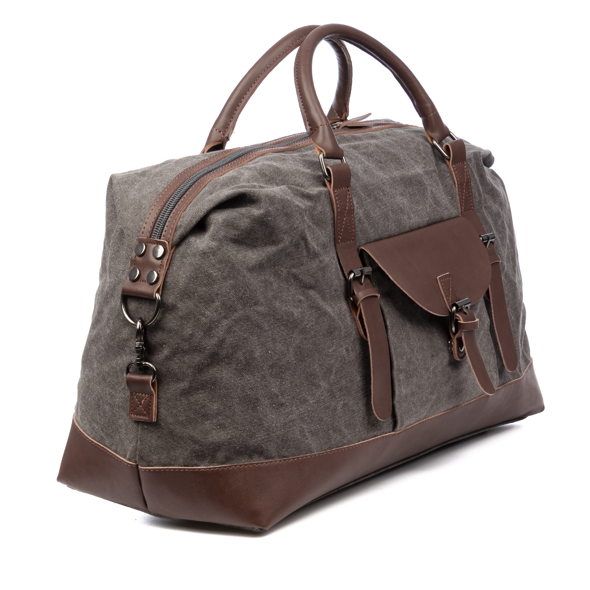Borsone in tela grigia con accenti e manici in pelle marrone.
