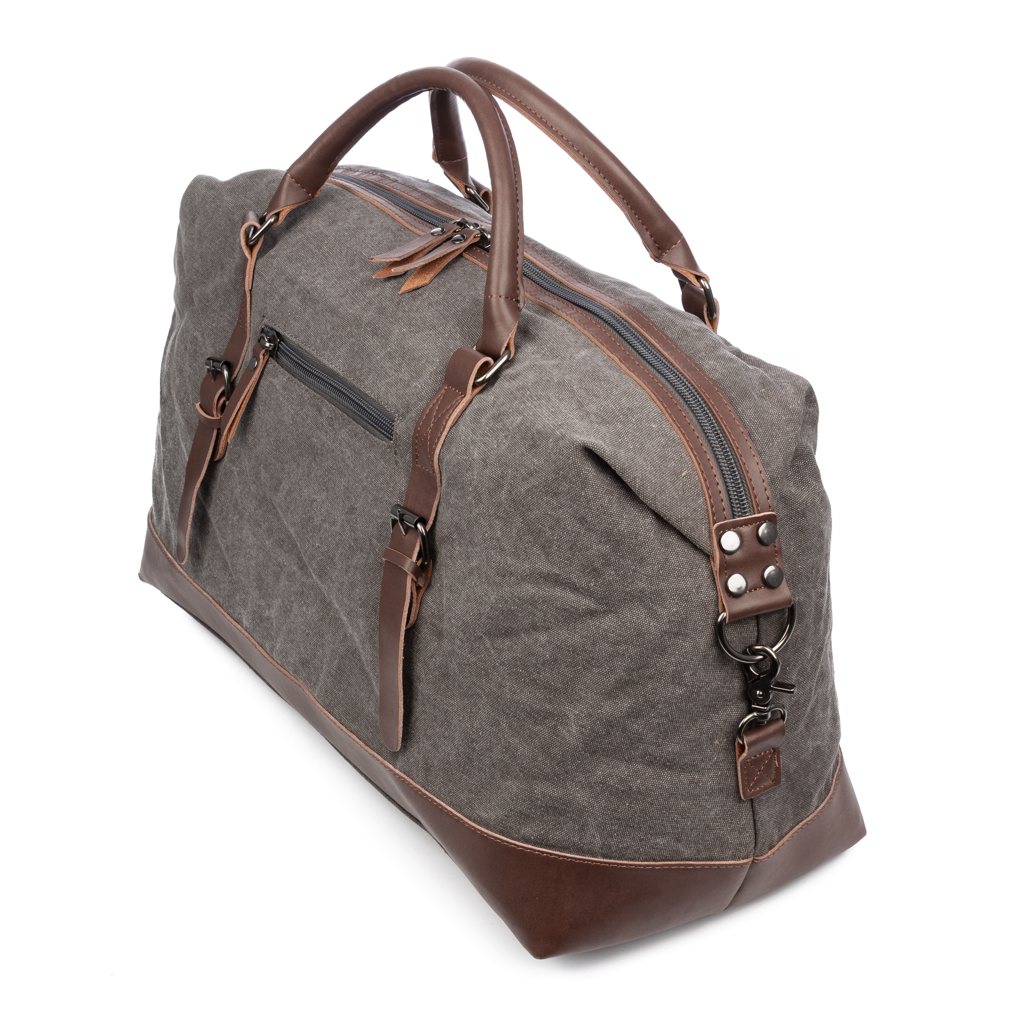 Una borsa da viaggio in tela grigia con dettagli e manici in pelle marrone.