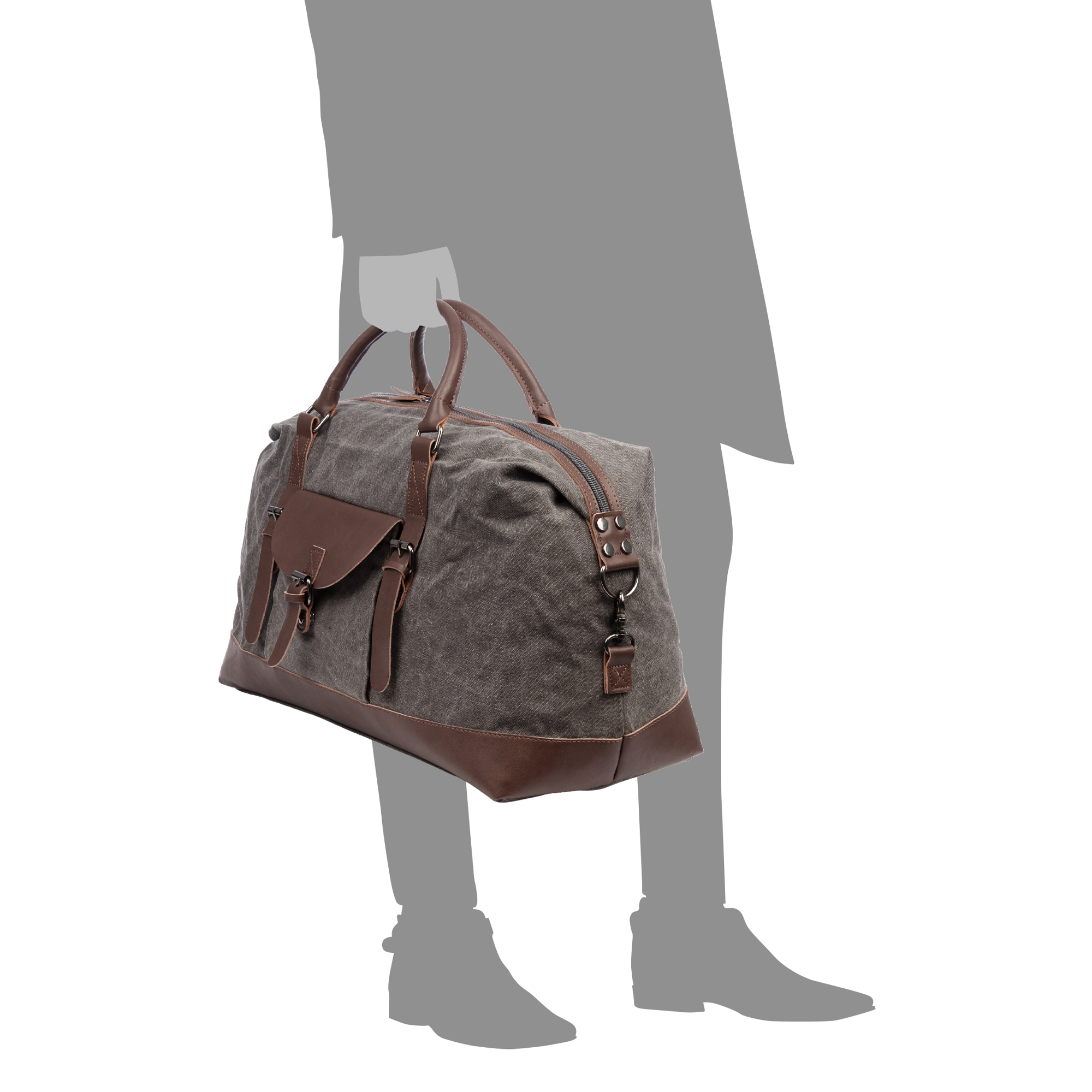 Borsa da viaggio in tela grigia con accenti in pelle, tenuta da una silhouette grigia.
