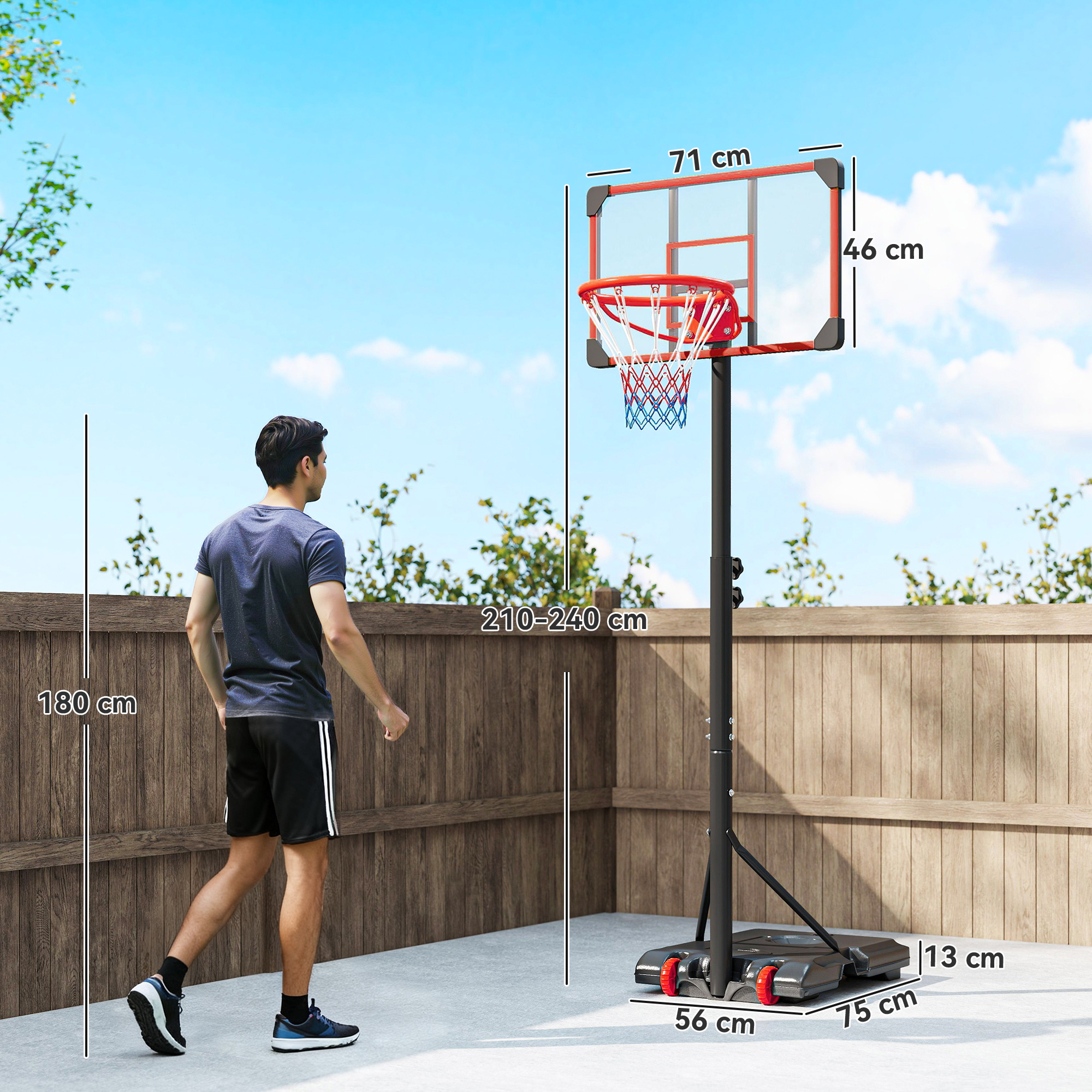 Un hombre frente a una canasta de baloncesto exterior. Se muestran dimensiones.