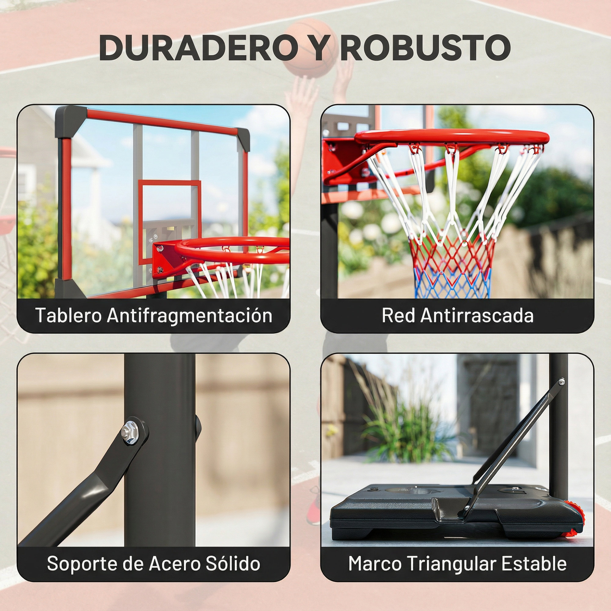 Cuatro detalles de una canasta de baloncesto: tablero compuesto, red, soporte de acero y base.
