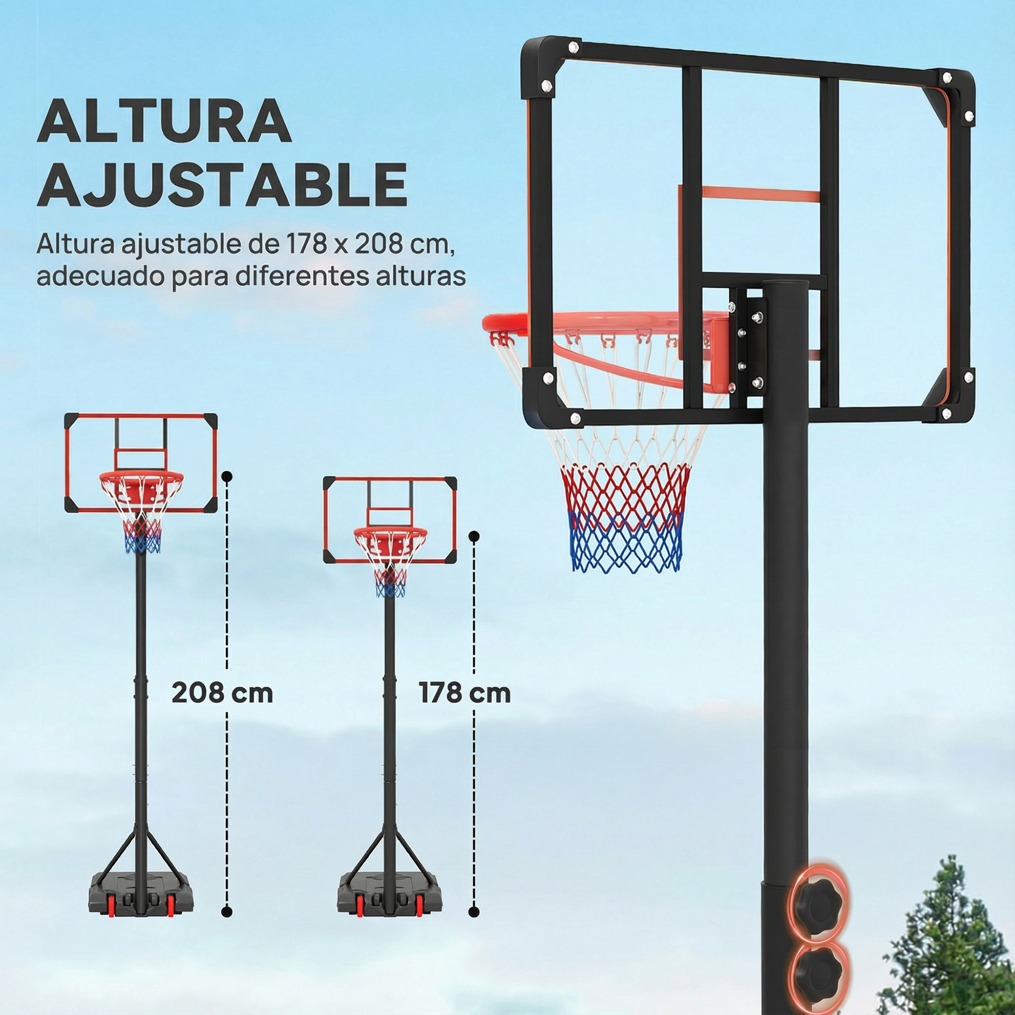 Aro de baloncesto ajustable con dos alturas: 178 cm y 208 cm.