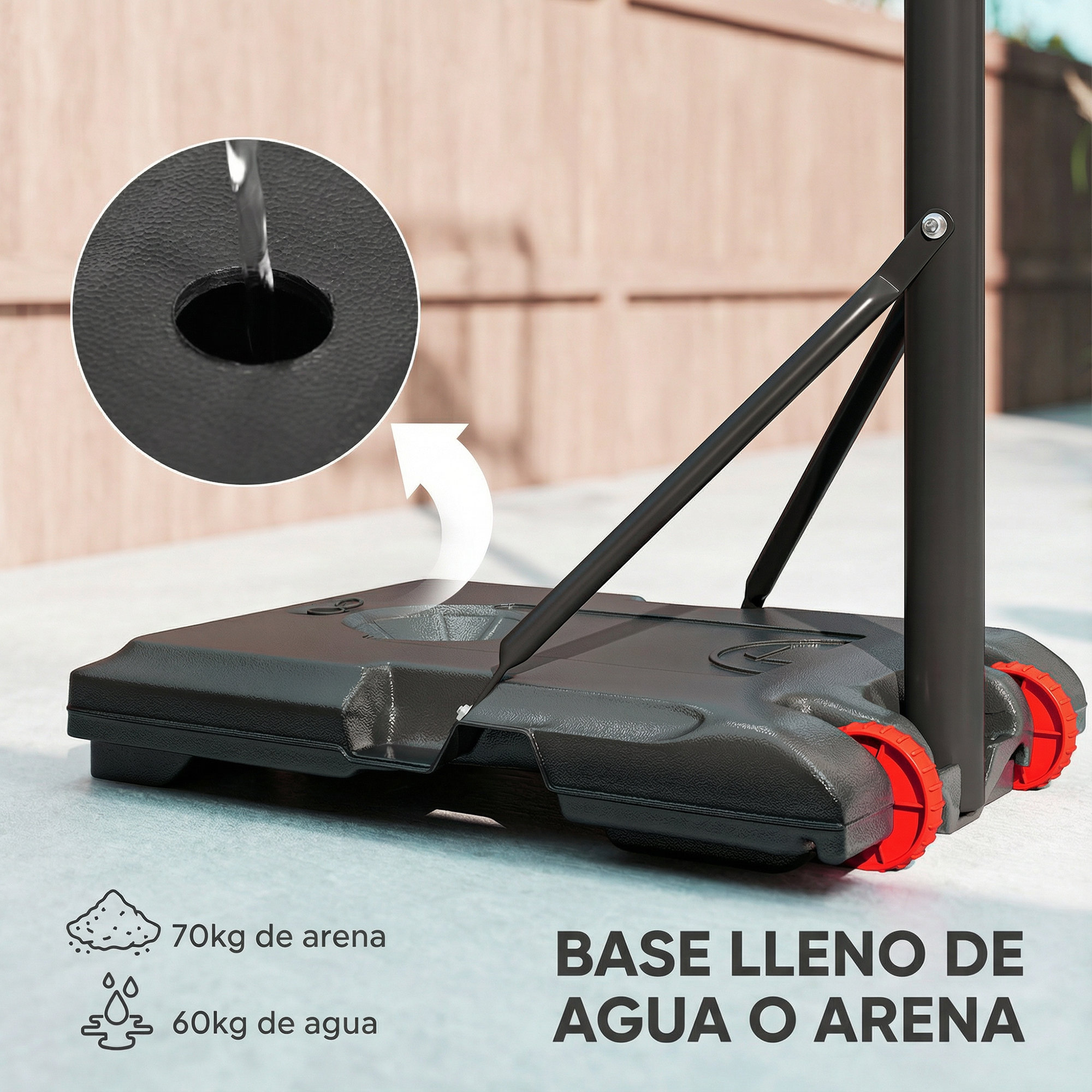Base de soporte de aro de baloncesto negra con ruedas, llena de agua o arena.