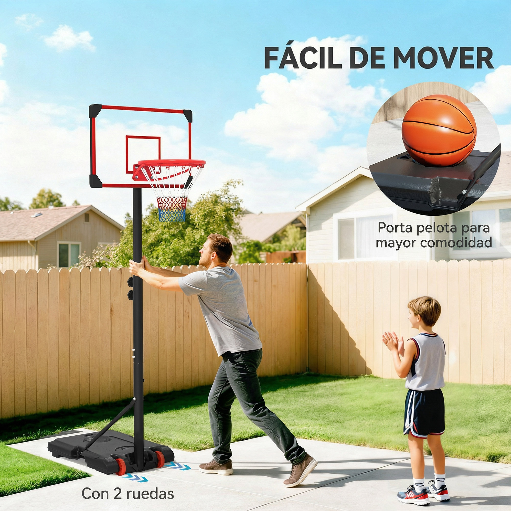 Un hombre ajusta una canasta de baloncesto mientras un niño observa.