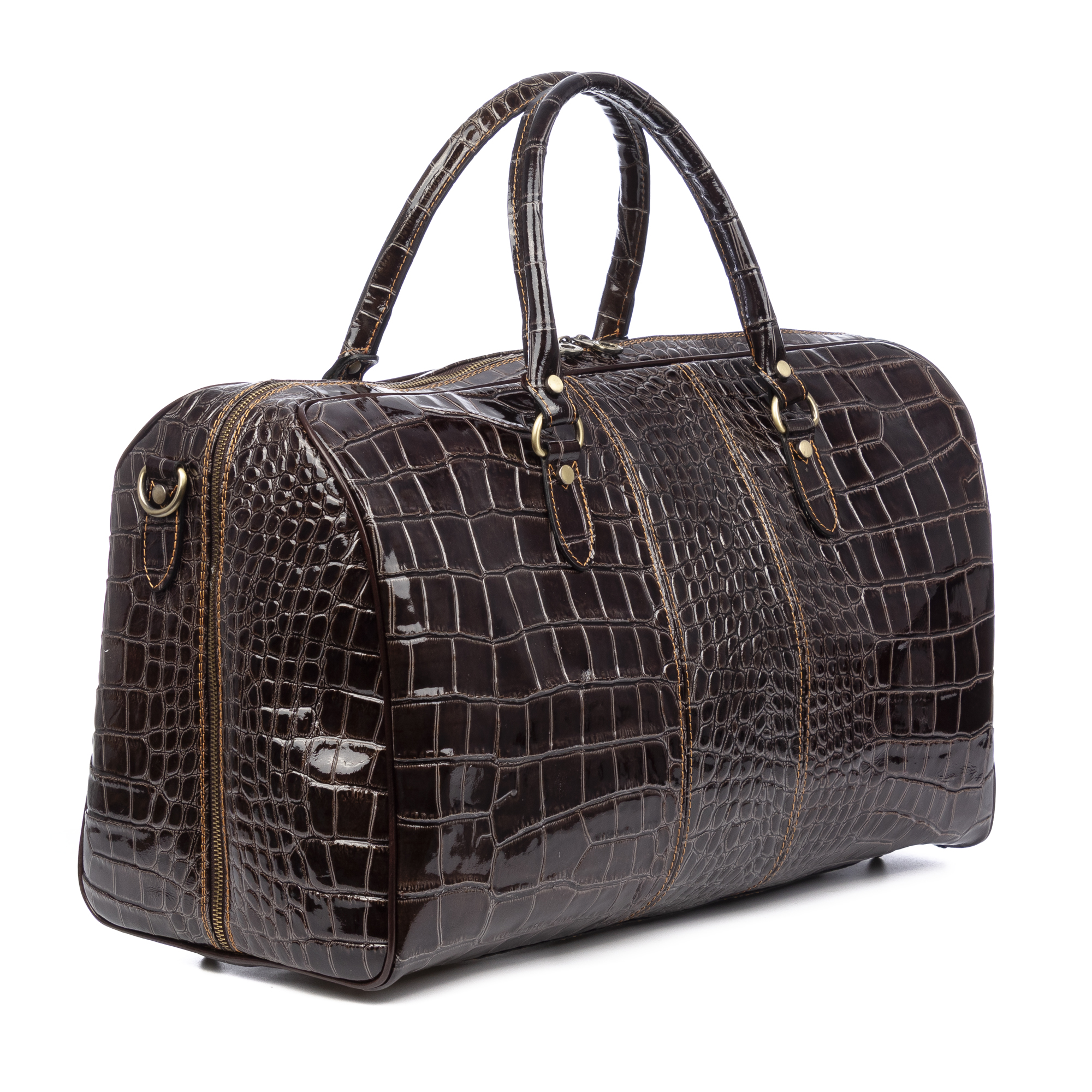 Borsa marrone scuro effetto coccodrillo con zip e manici.