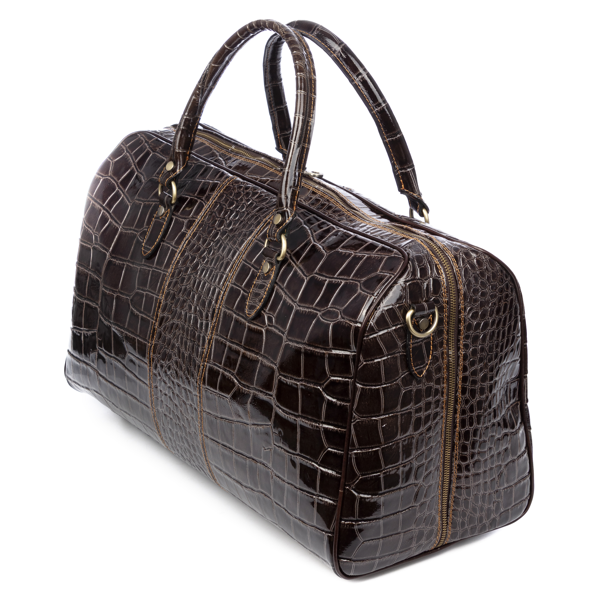 Borsone da viaggio in pelle di coccodrillo marrone scuro con zip.