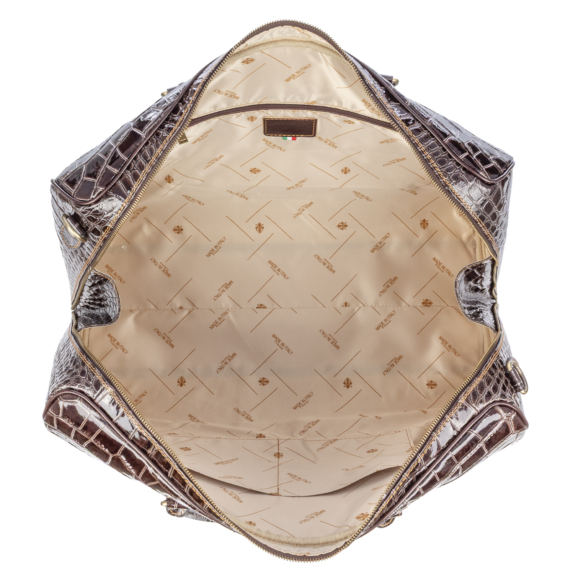 Una borsa aperta in pelle di coccodrillo marrone con fodera interna beige.