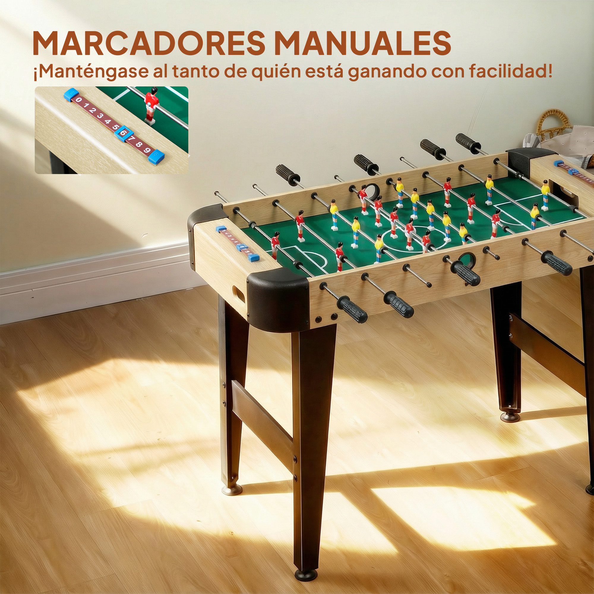 Un futbolín con jugadores rojos y amarillos en campo verde.