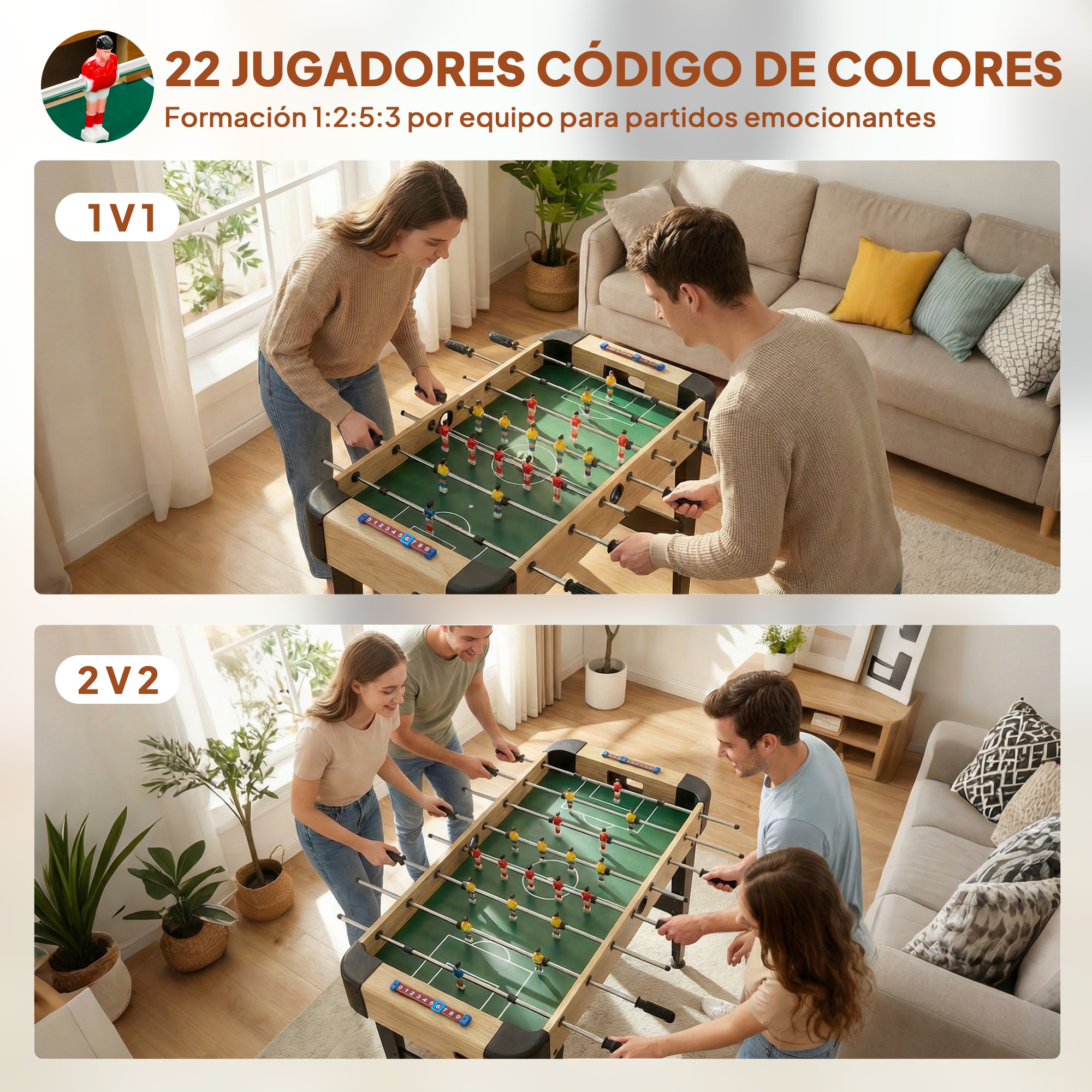 Dos escenas: Arriba, dos personas juegan al futbolín (1 contra 1). Abajo, cuatro personas juegan al futbolín (2 contra 2).
