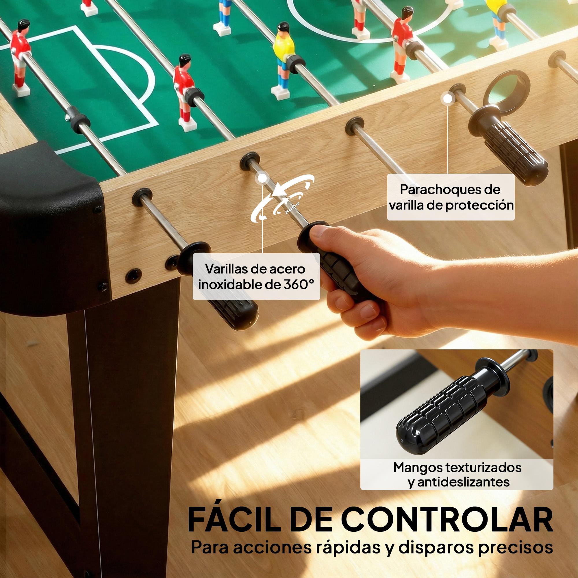 Futbolín con jugadores rojos y azules, barras y mangos de metal.