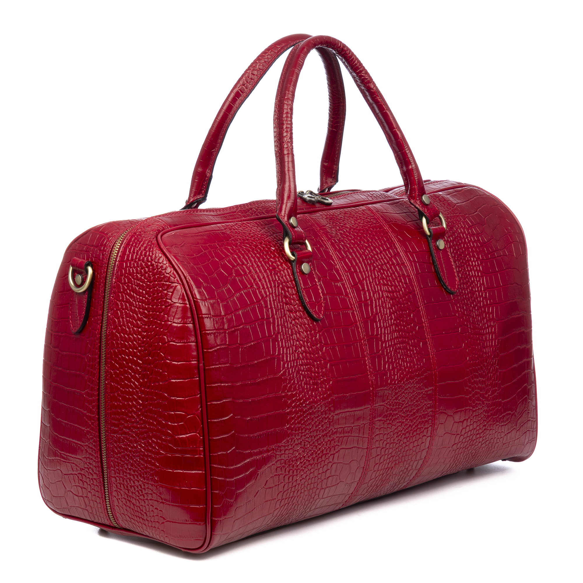Una borsa da viaggio rossa con stampa coccodrillo e manici.