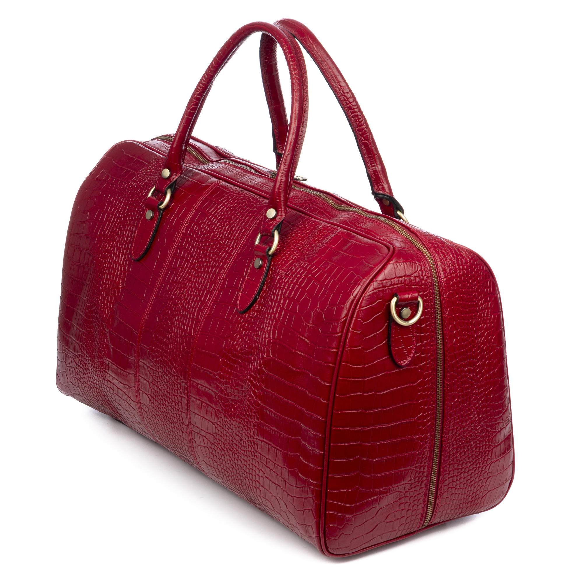 Una borsa rossa testurizzata coccodrillo con cerniera dorata e dettagli su sfondo bianco.