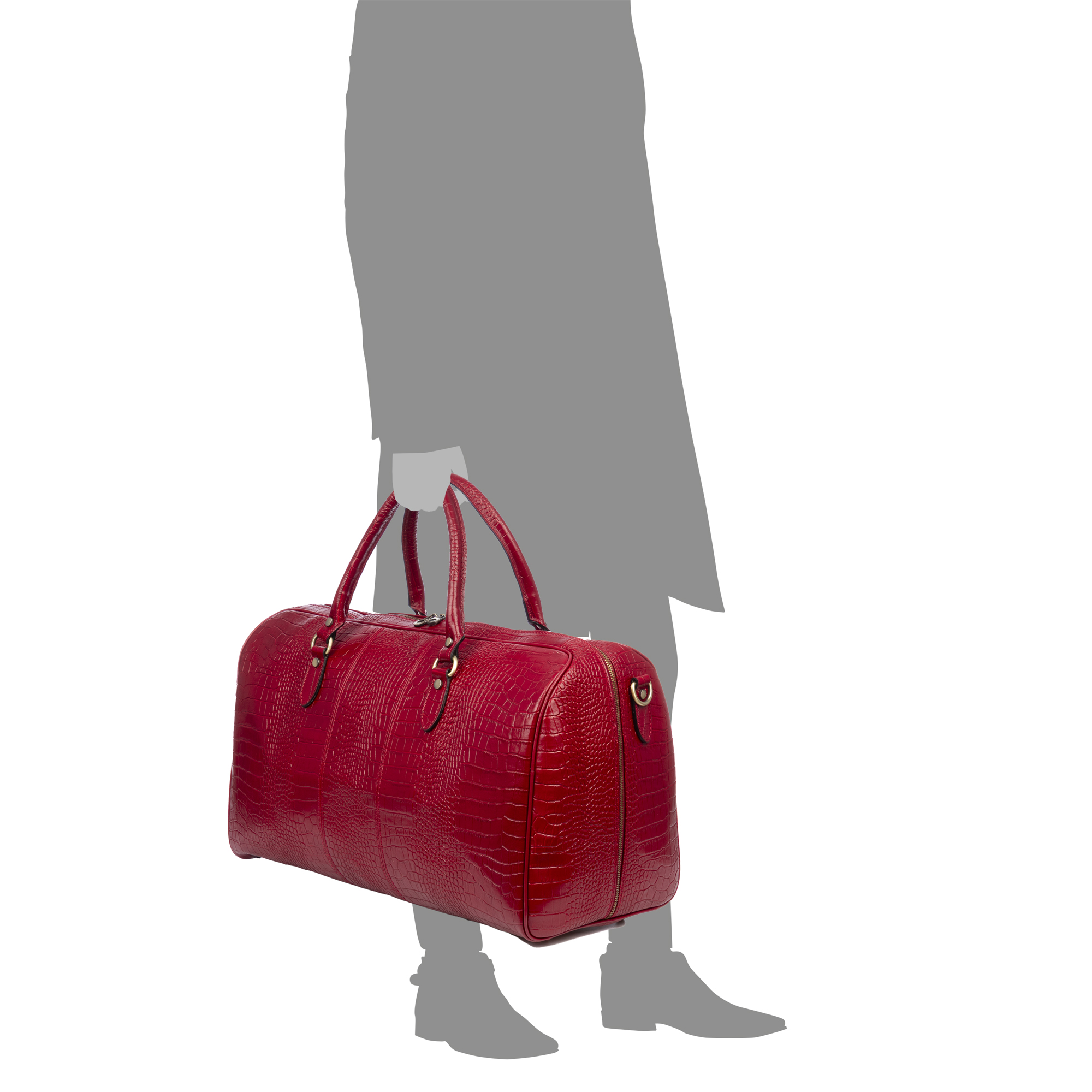 Una borsa da viaggio rossa testurizzata coccodrillo con manici, tenuta da una figura stilizzata.