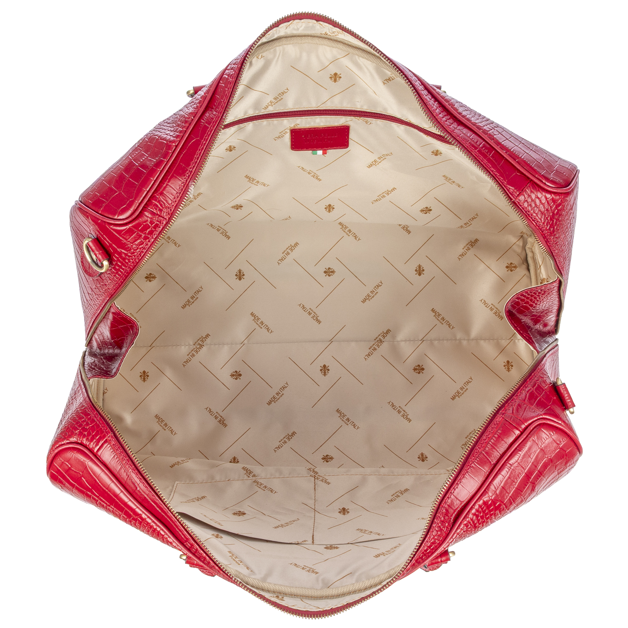 Borsa rossa in pelle effetto coccodrillo, aperta, con fodera stampata.