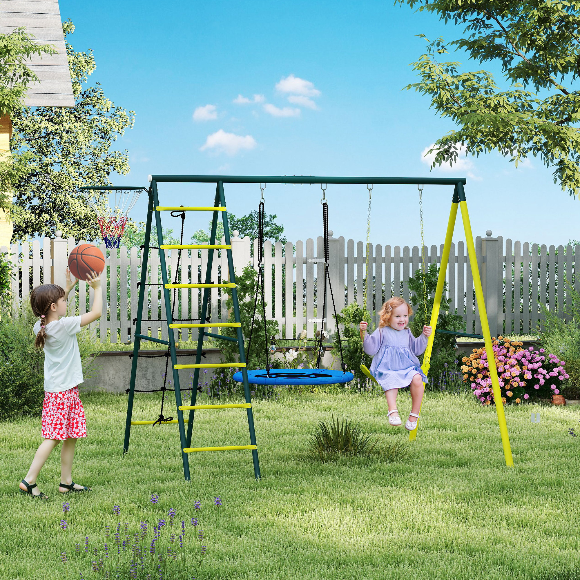 Dos niñas juegan en un columpio de jardín. Una lanza una pelota, la otra se columpia.