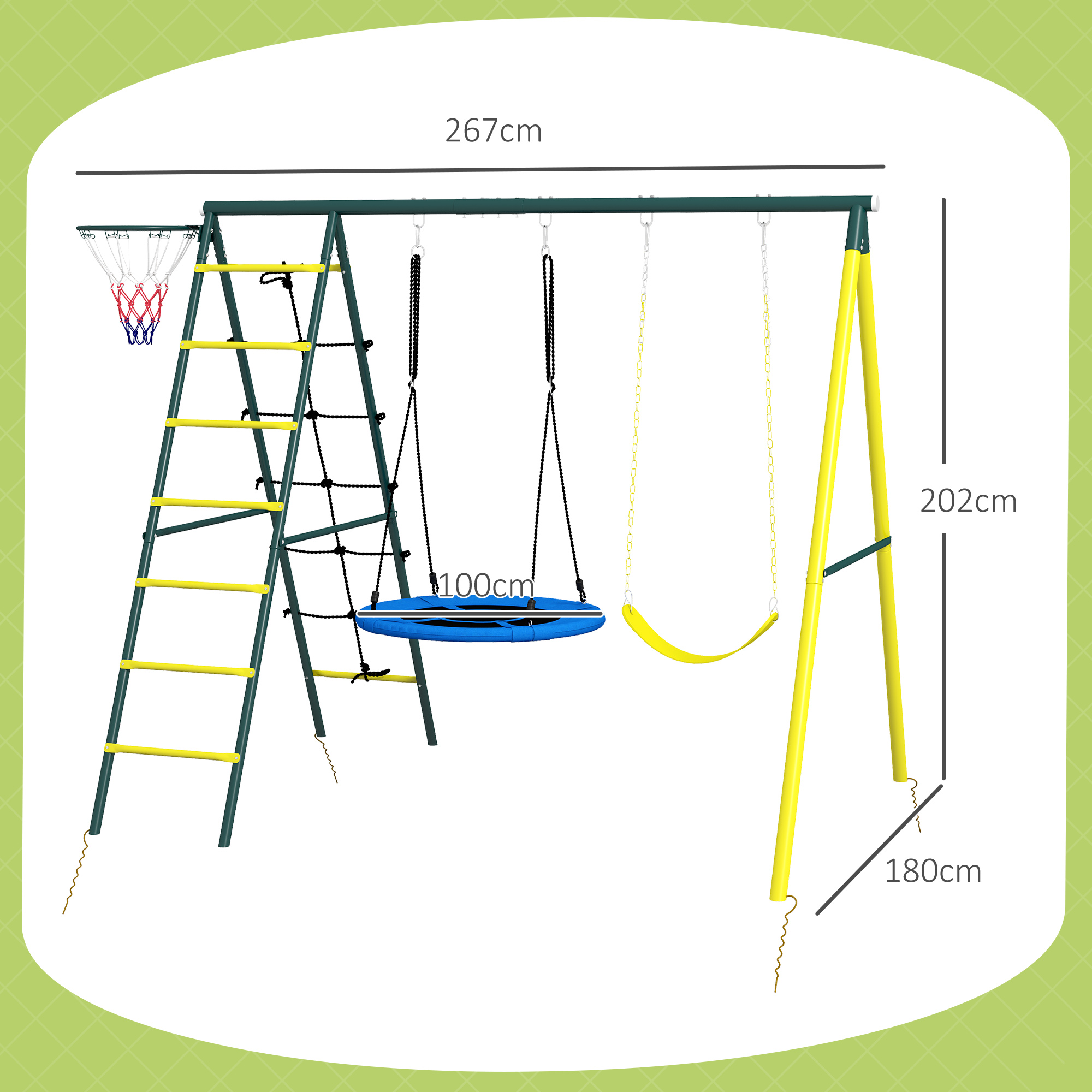 Estructura de juego verde con escalera, red, canasta de baloncesto, columpio de disco y columpio amarillo.