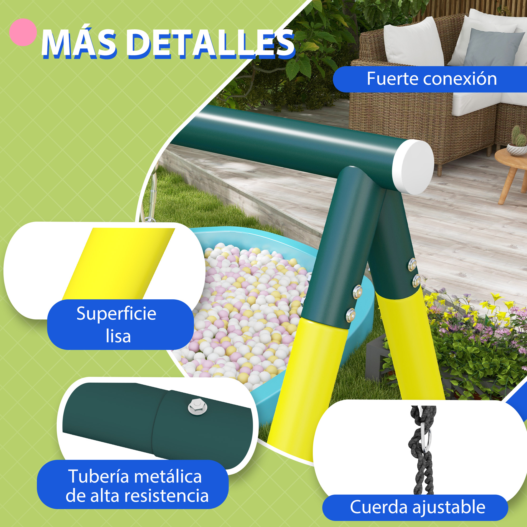 Marco verde y amarillo con pelotas, cuerda y muebles al fondo.