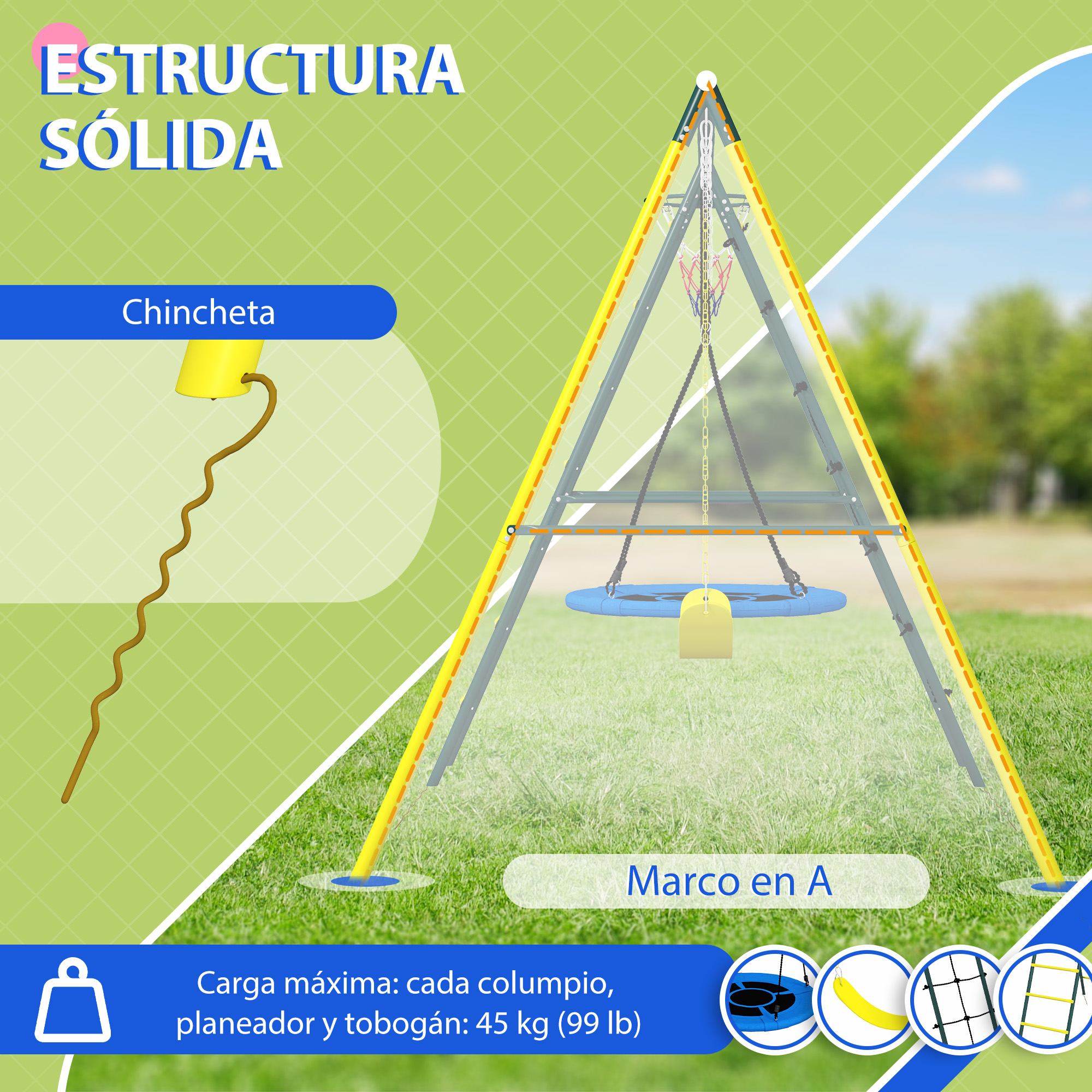 Estructura de columpio en A con asiento azul y tope amarillo.
