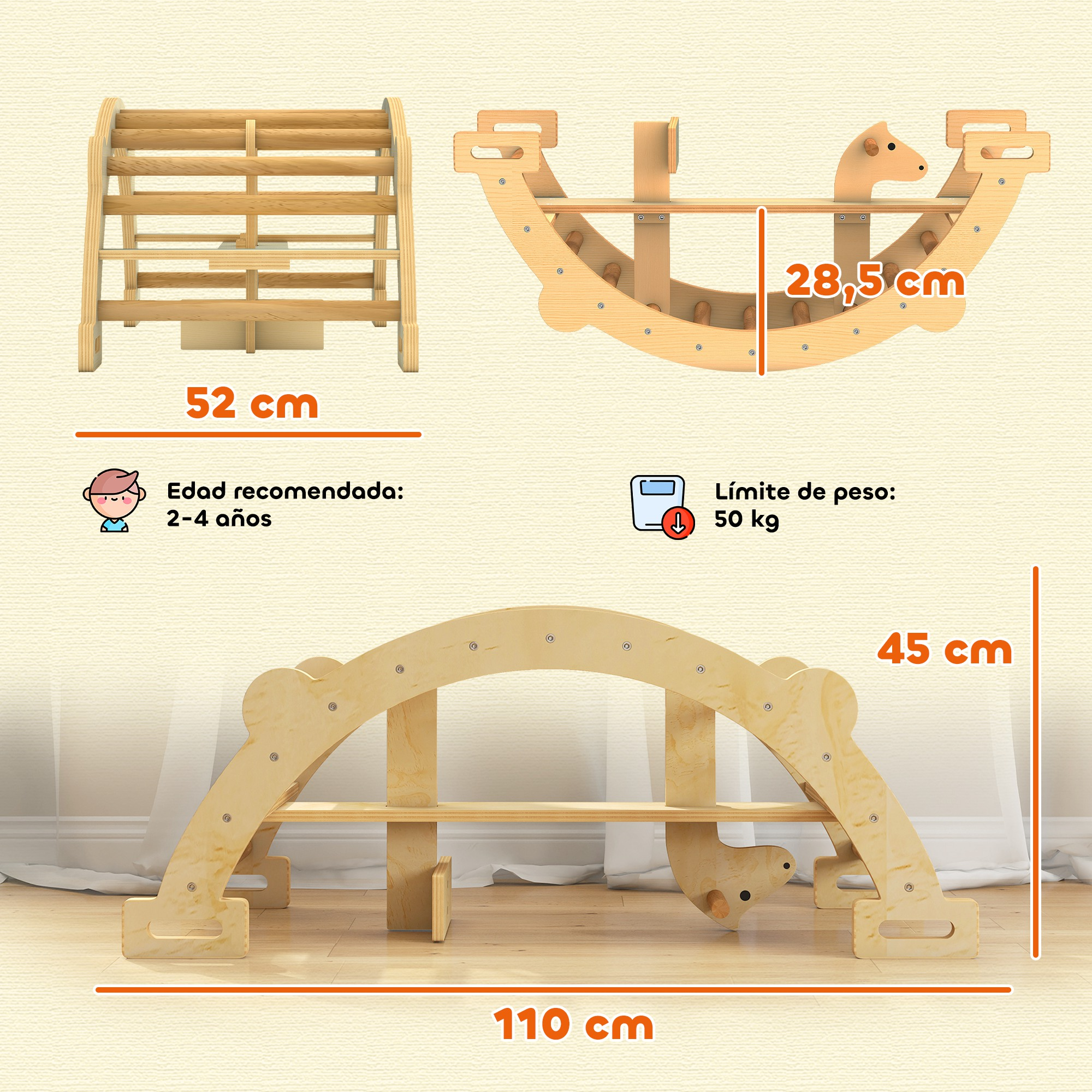Set de juego de madera: triángulo (52cm), balancín (28,5cm) y puente (110cm).