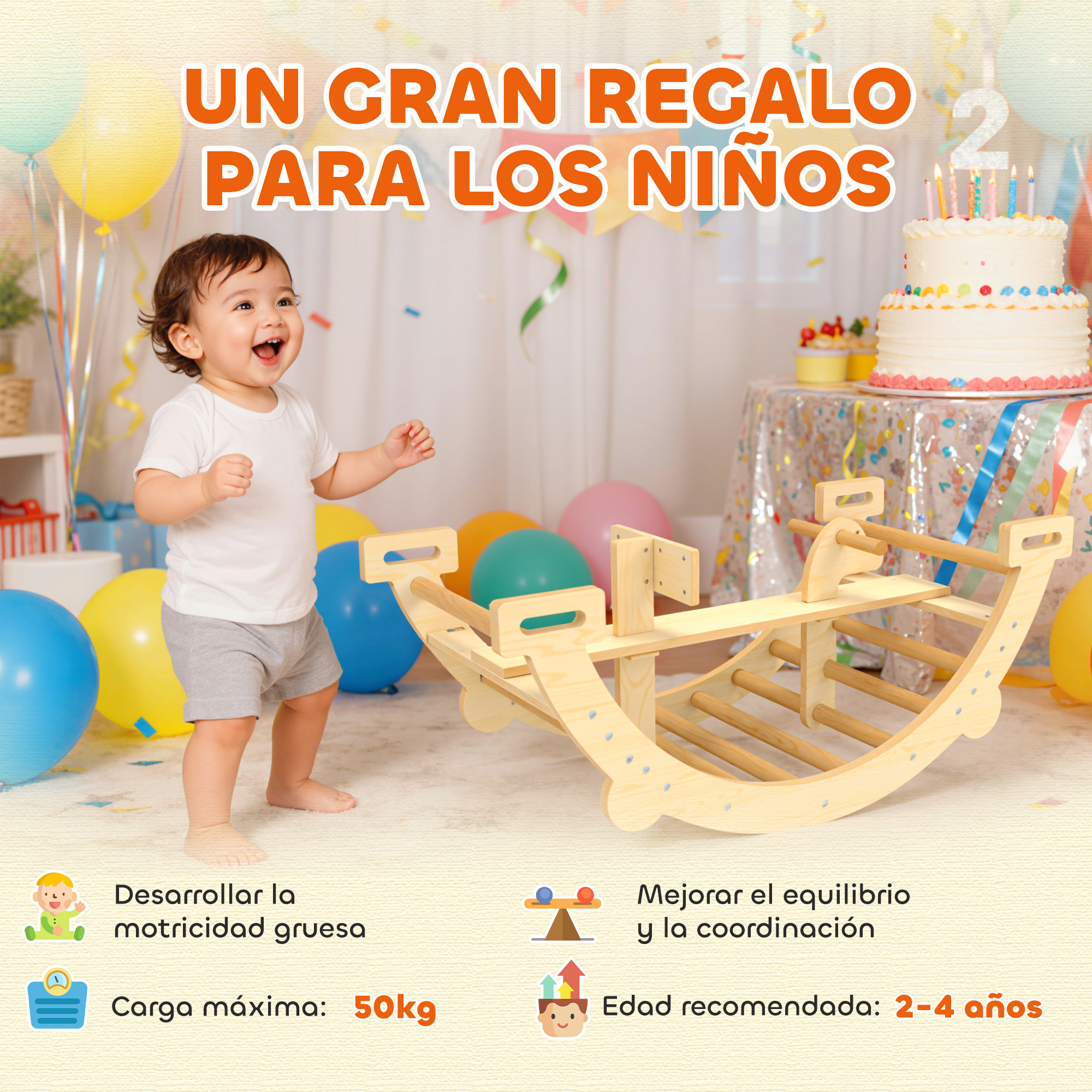Un niño pequeño delante de un juguete de madera, rodeado de globos y pastel.