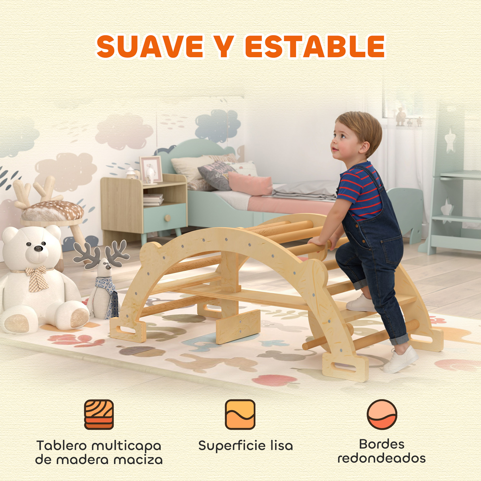 Un niño pequeño trepa en una estructura de juego de madera en un cuarto infantil.