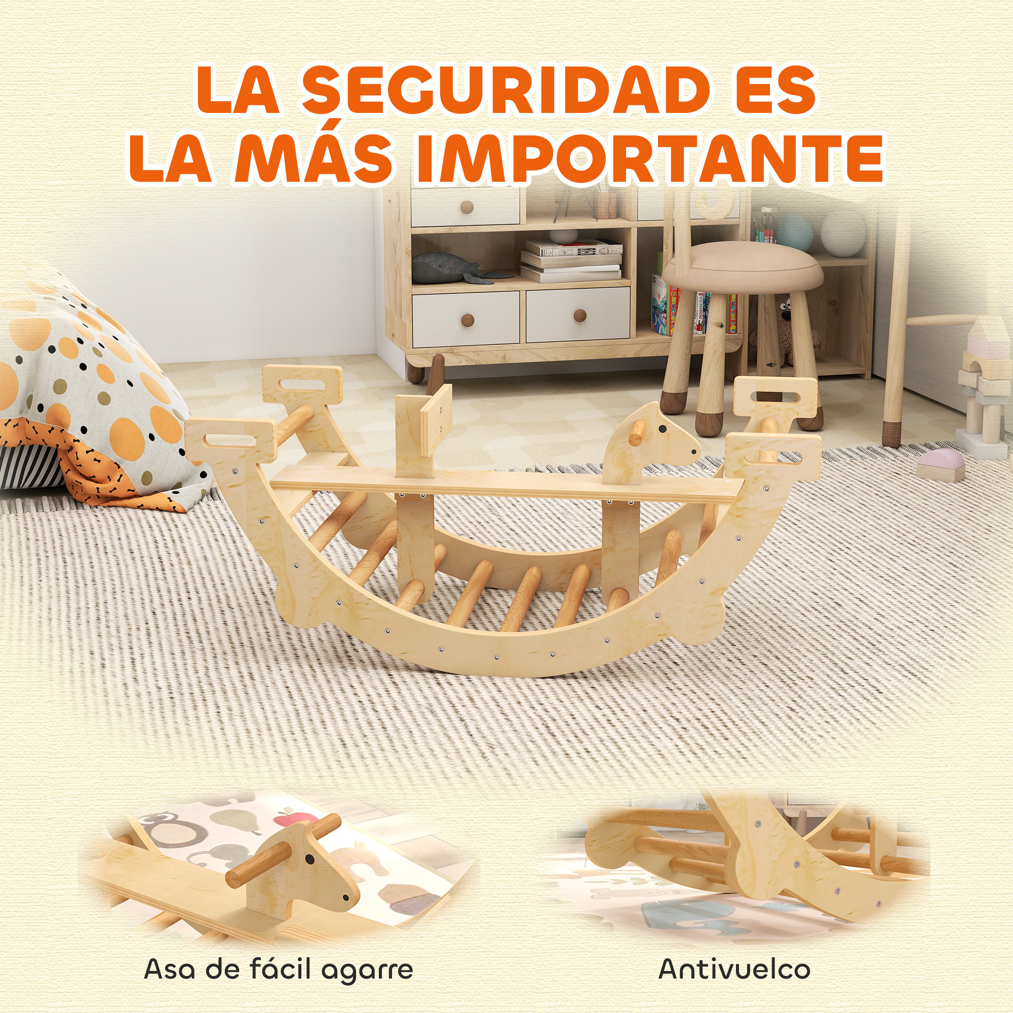 Un juguete de madera para mecer con asas y protección antivuelco en un cuarto.