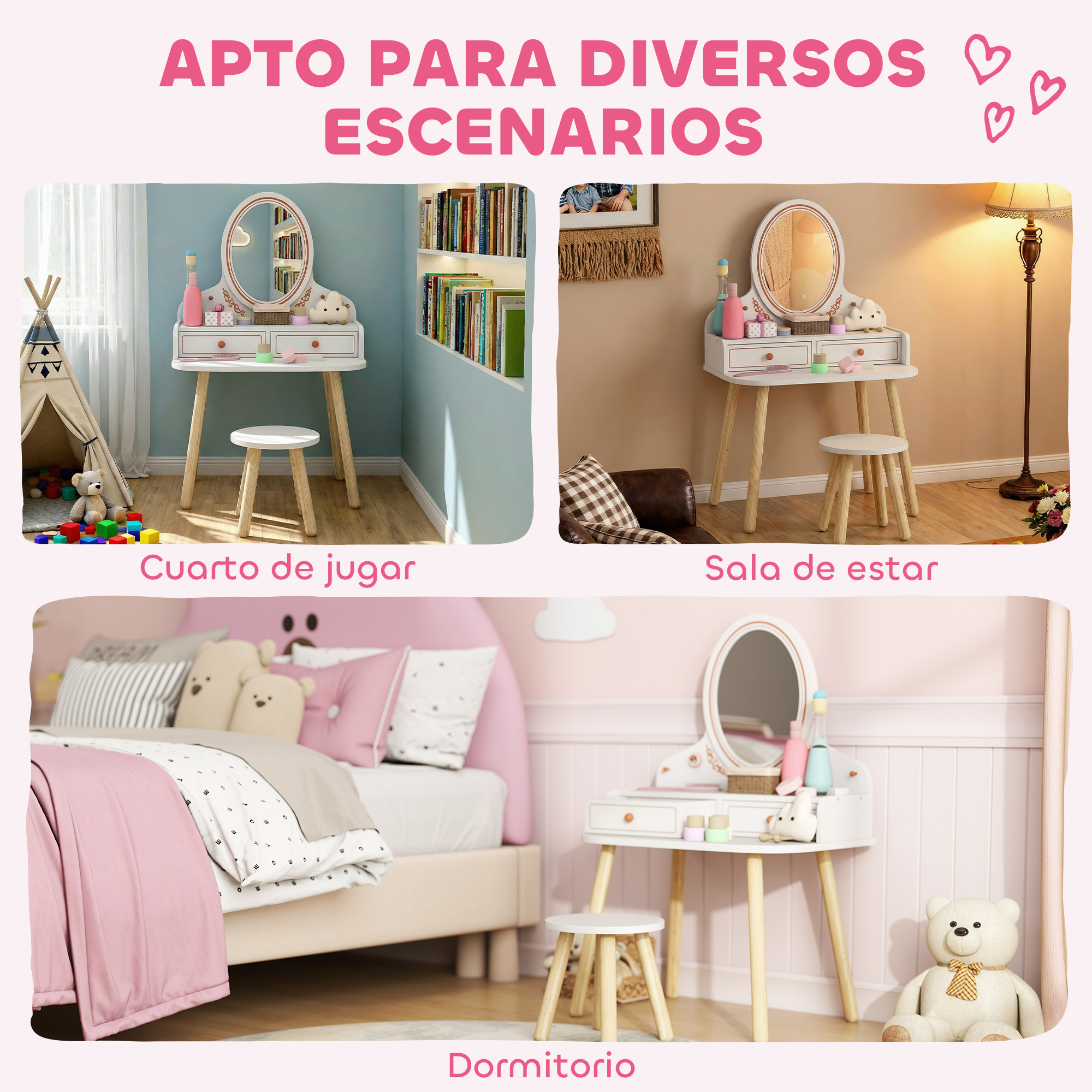 Un tocador con espejo y taburete en diferentes ambientes de habitación.