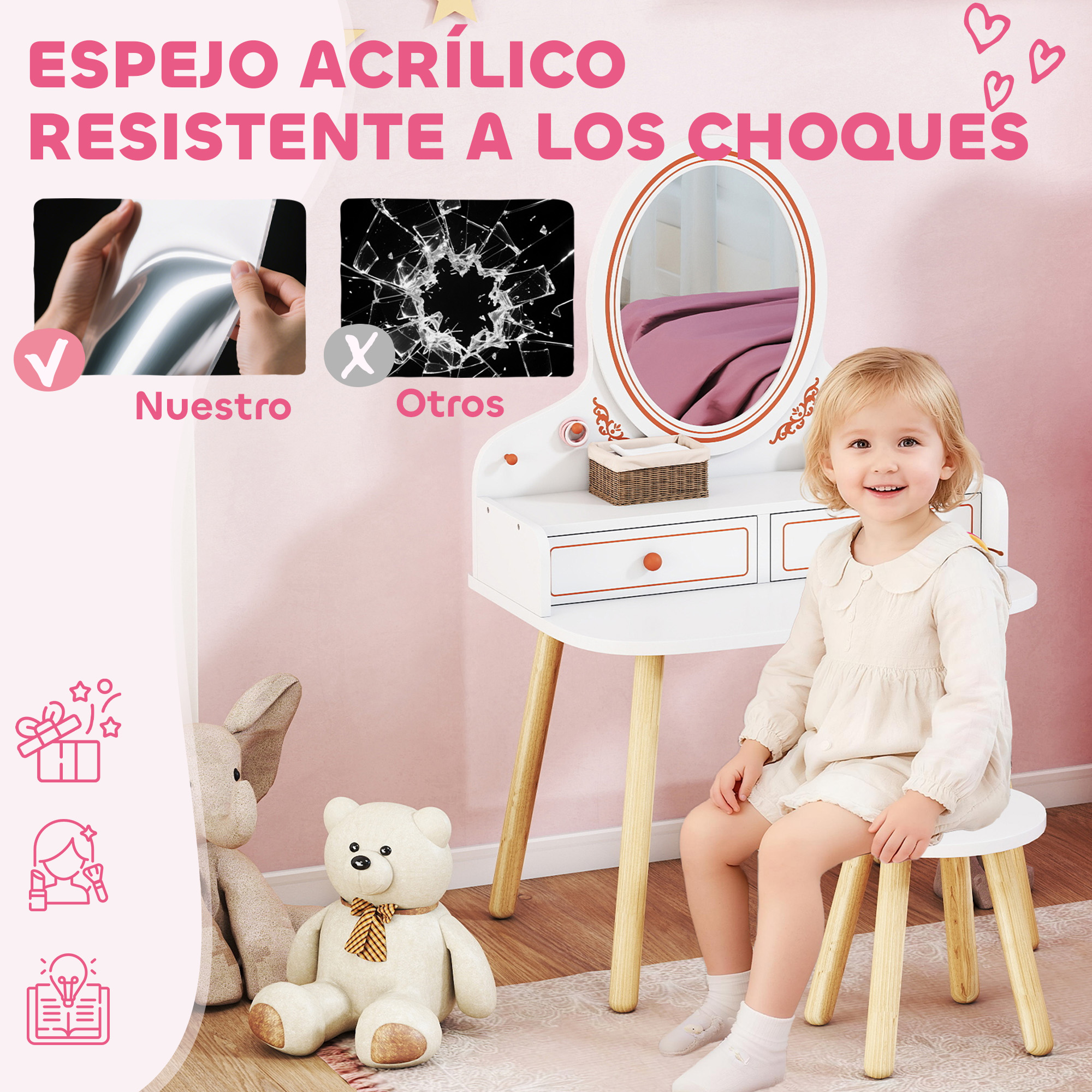 Una niña se sienta en un taburete frente a un tocador. A la izquierda hay peluches.
