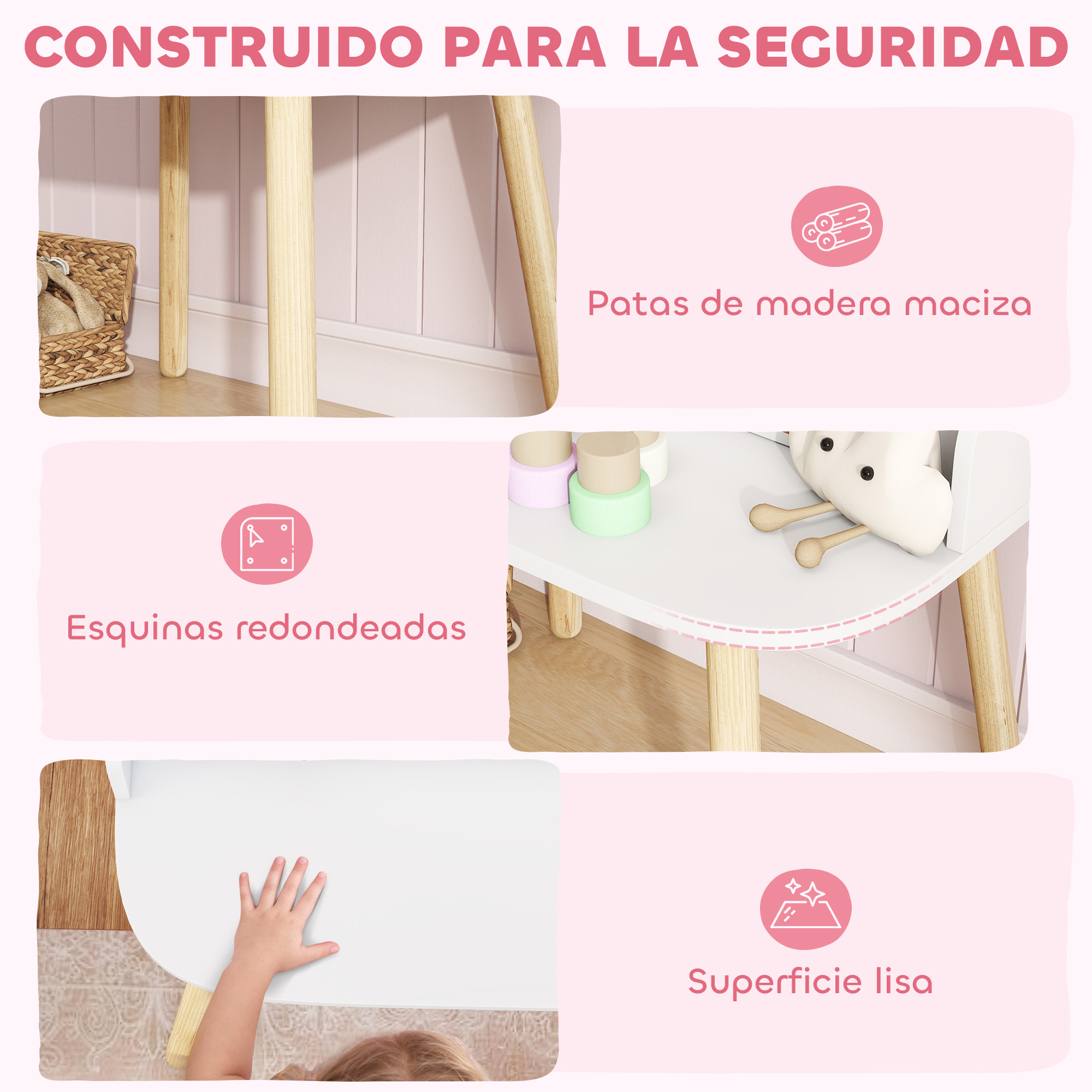 Mesa infantil con patas de madera, esquinas redondeadas y superficie lisa.