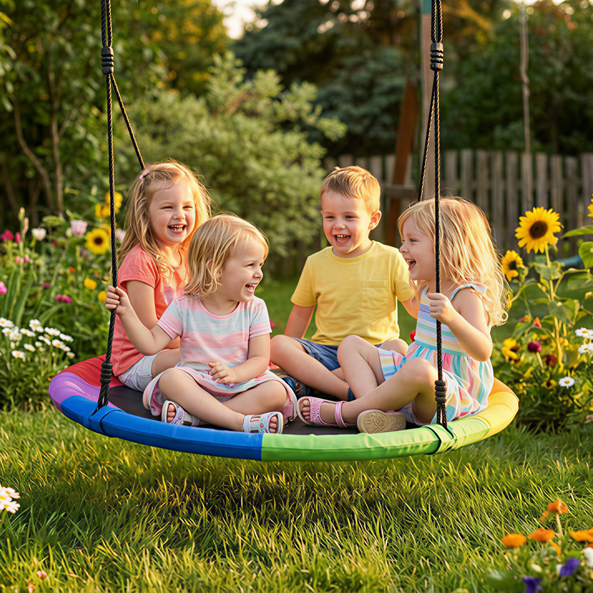 Cuatro niños riendo sentados en un columpio de plato colorido en un jardín.