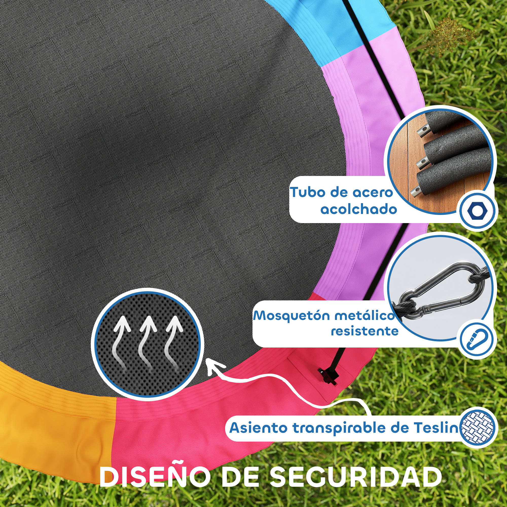 Trampolín con borde de colores, tubo de acero acolchado y asiento transpirable.