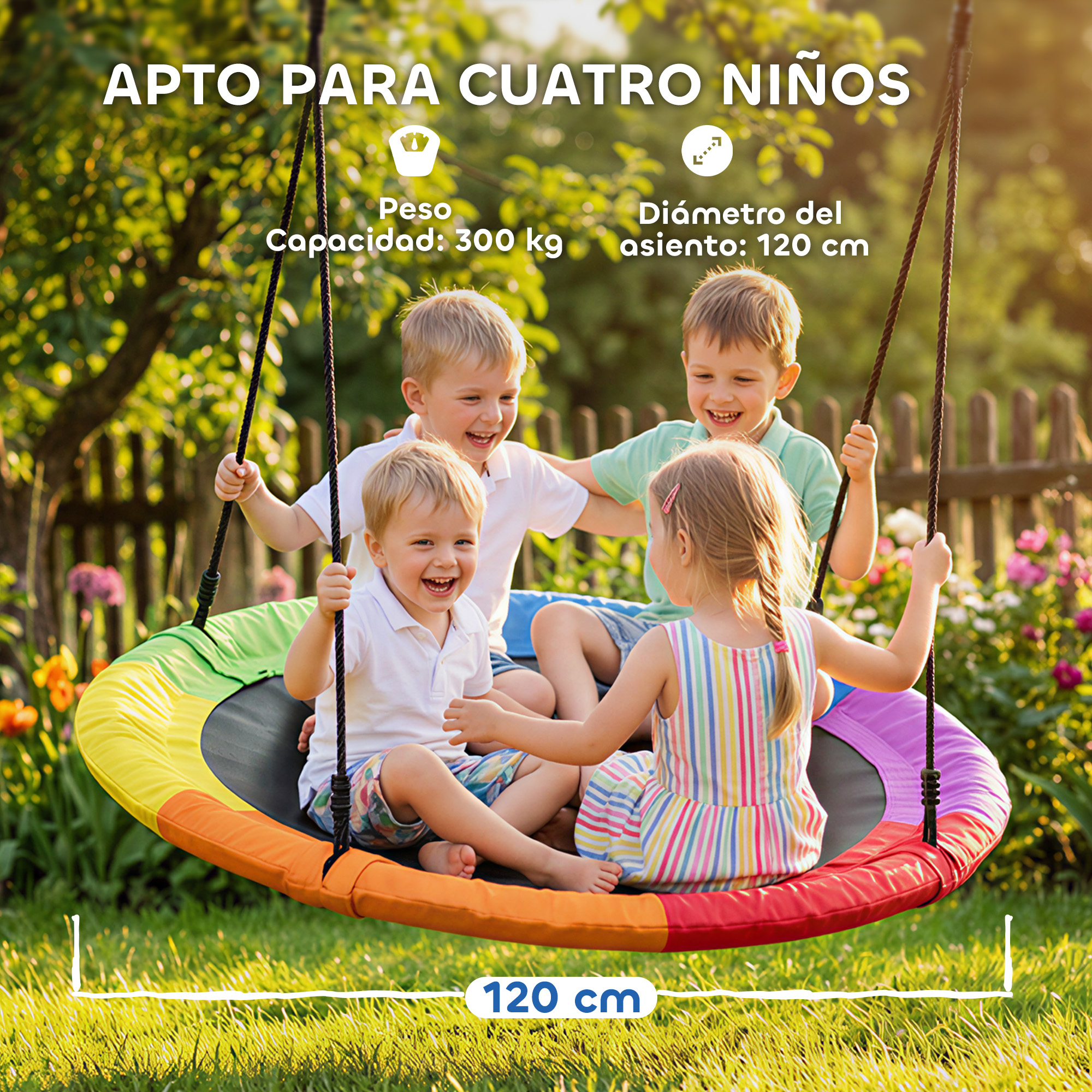 Cuatro niños felices en un columpio arcoíris colorido en un jardín soleado.